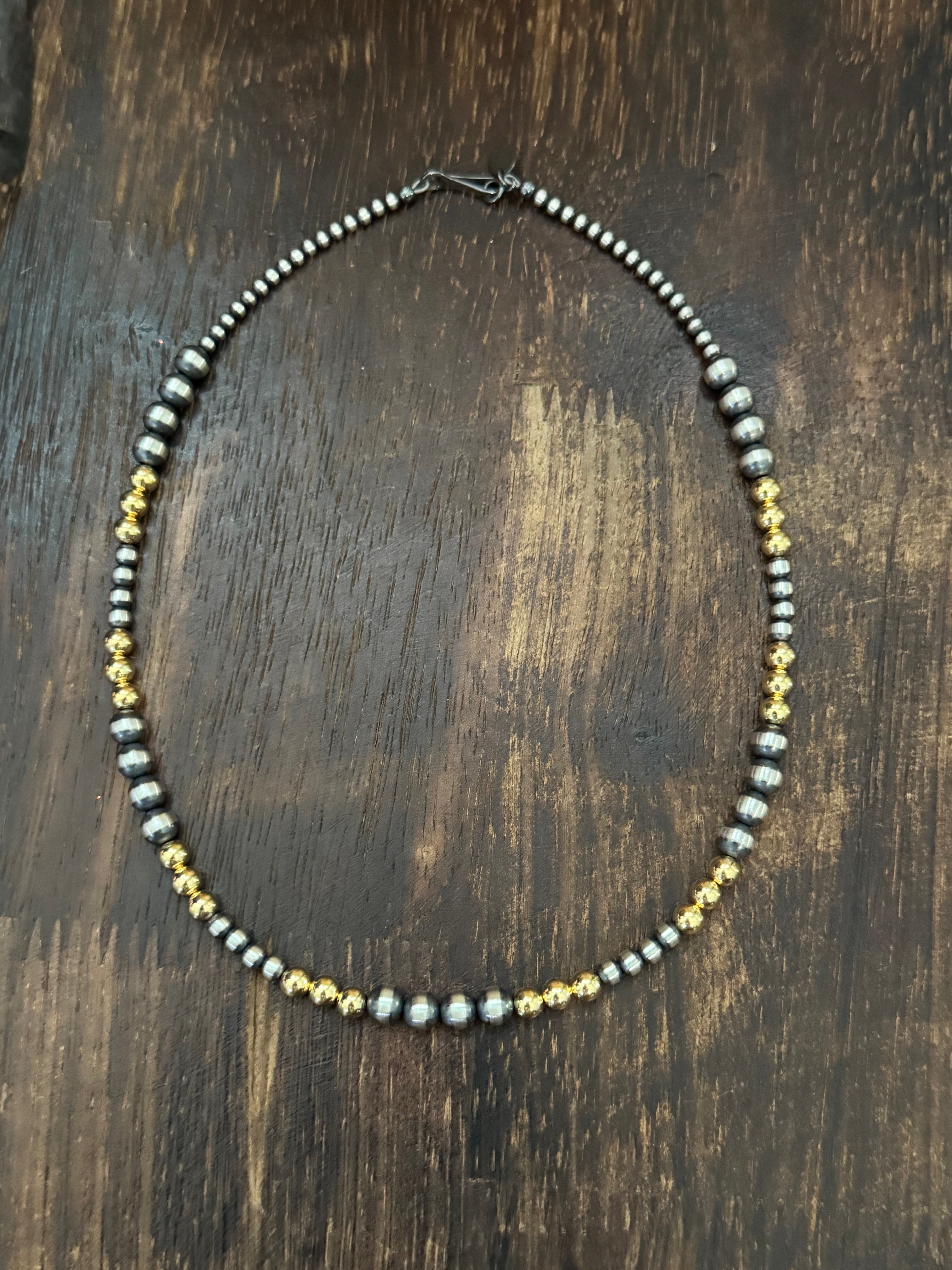 Navajo STRUNG Sterling Silver & 14 kt Gold Plate Graduated Pearl Necklace