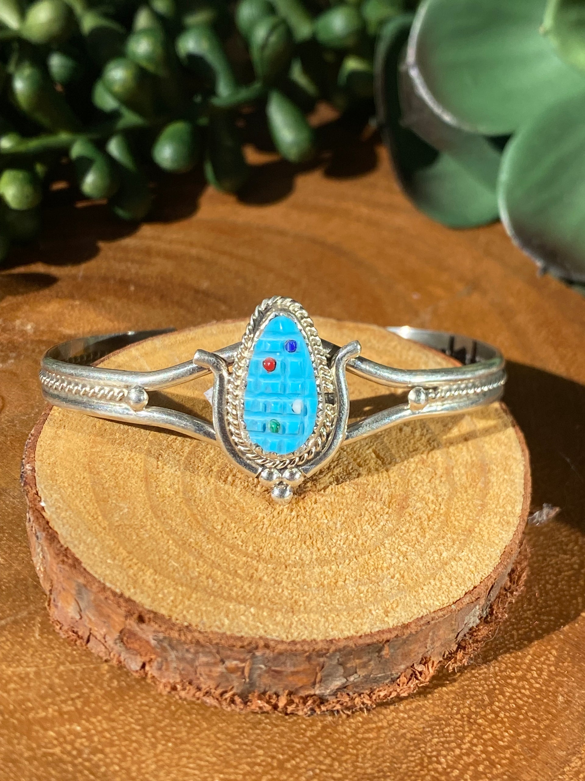 Zuni Handmade Multi Stone & Sterling Silver CORN Adjustable Cuff Bracelet