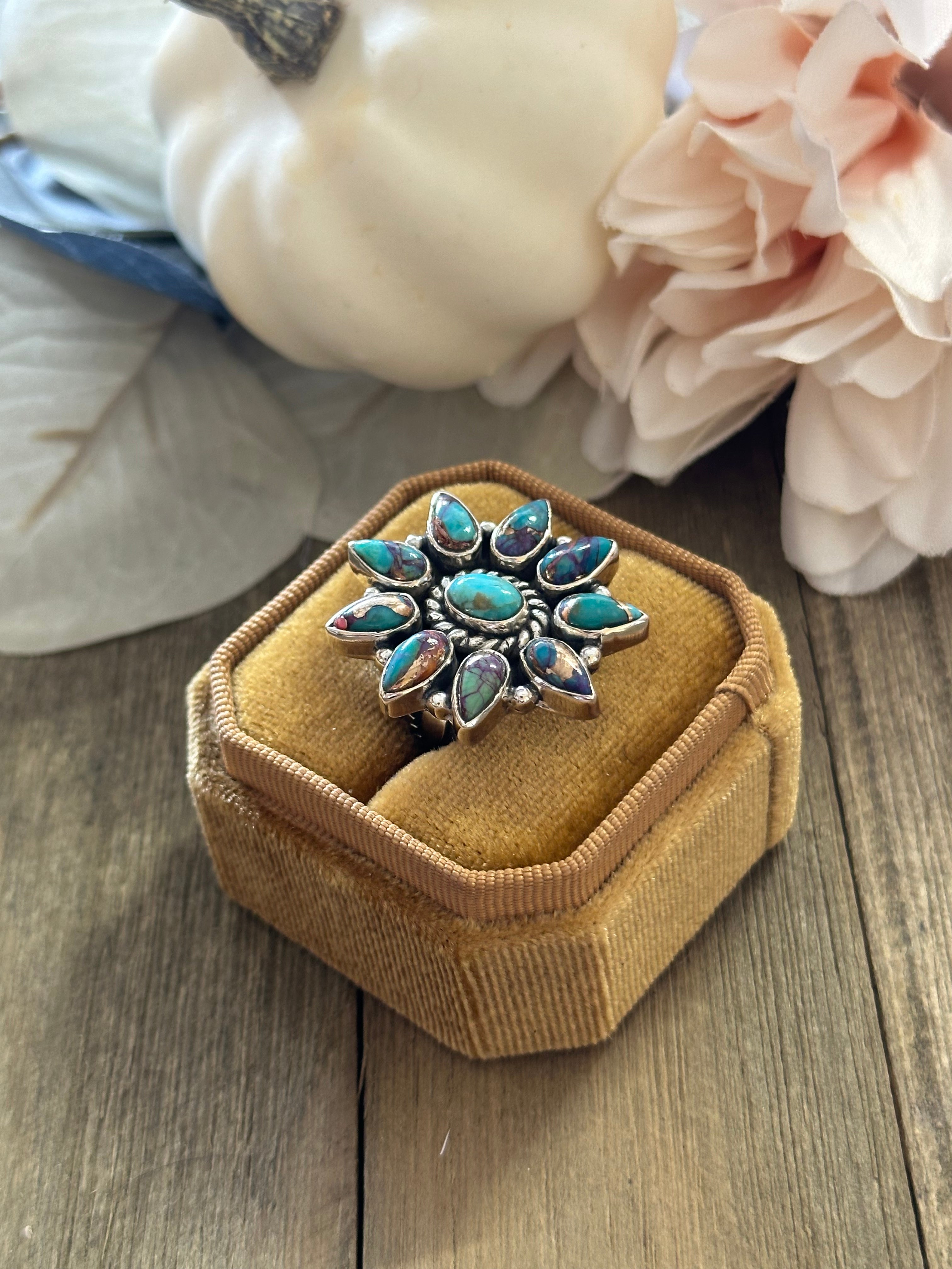 Southwest Handmade Mohave Turquoise & Sterling Silver Adjustable Cluster Ring