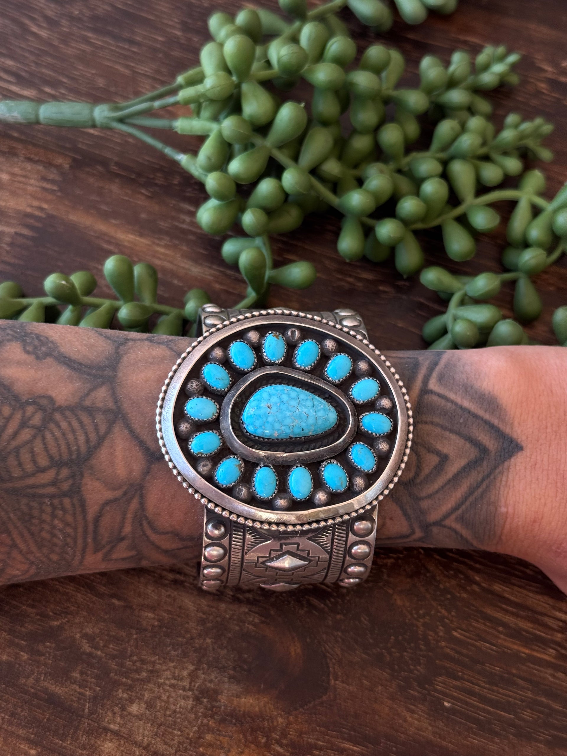 Navajo Made Kingman Turquoise & Sterling Silver Cluster Cuff Bracelet