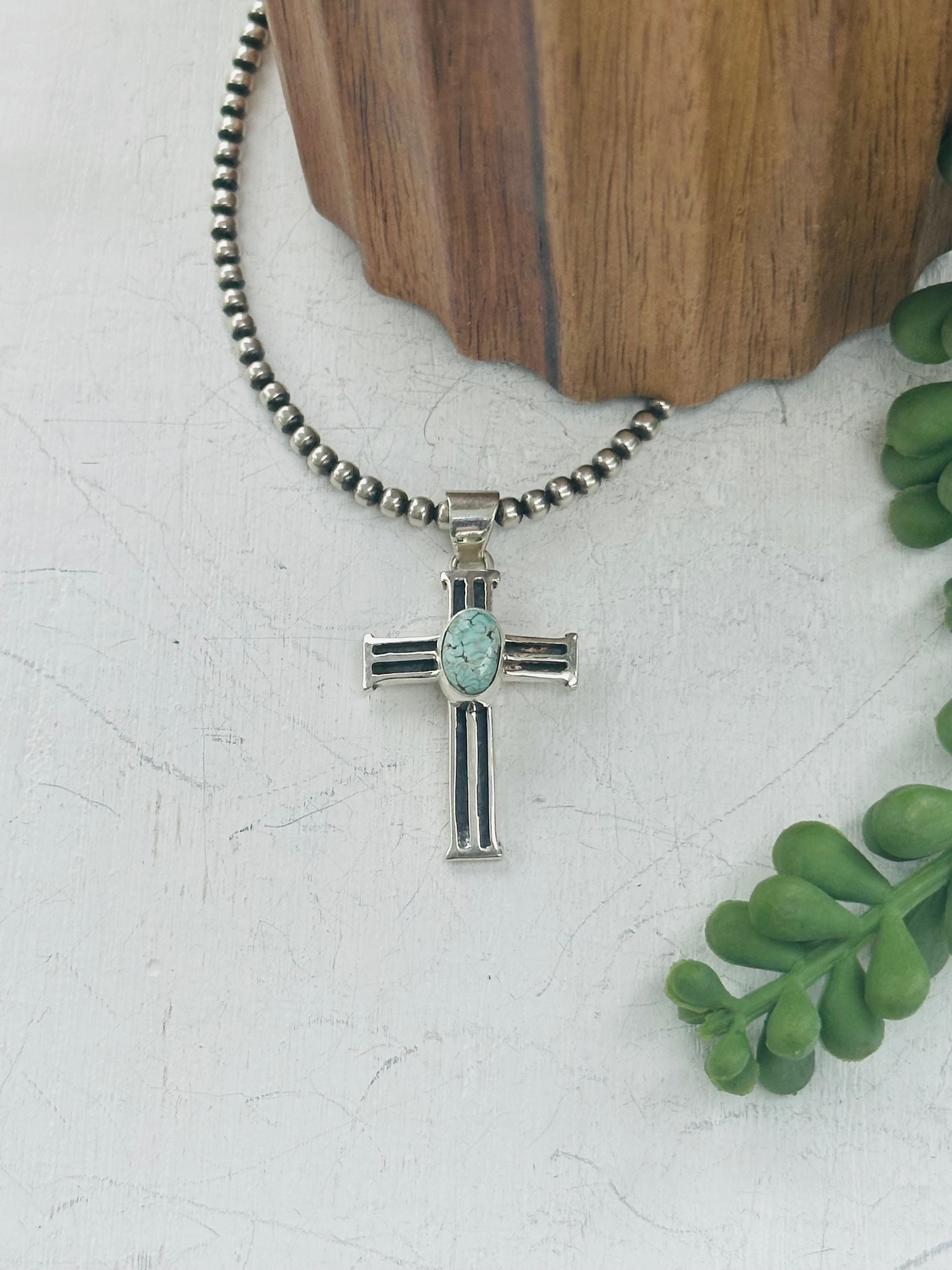 Navajo Made Dry Creek Turquoise & Sterling Silver Cross Pendant