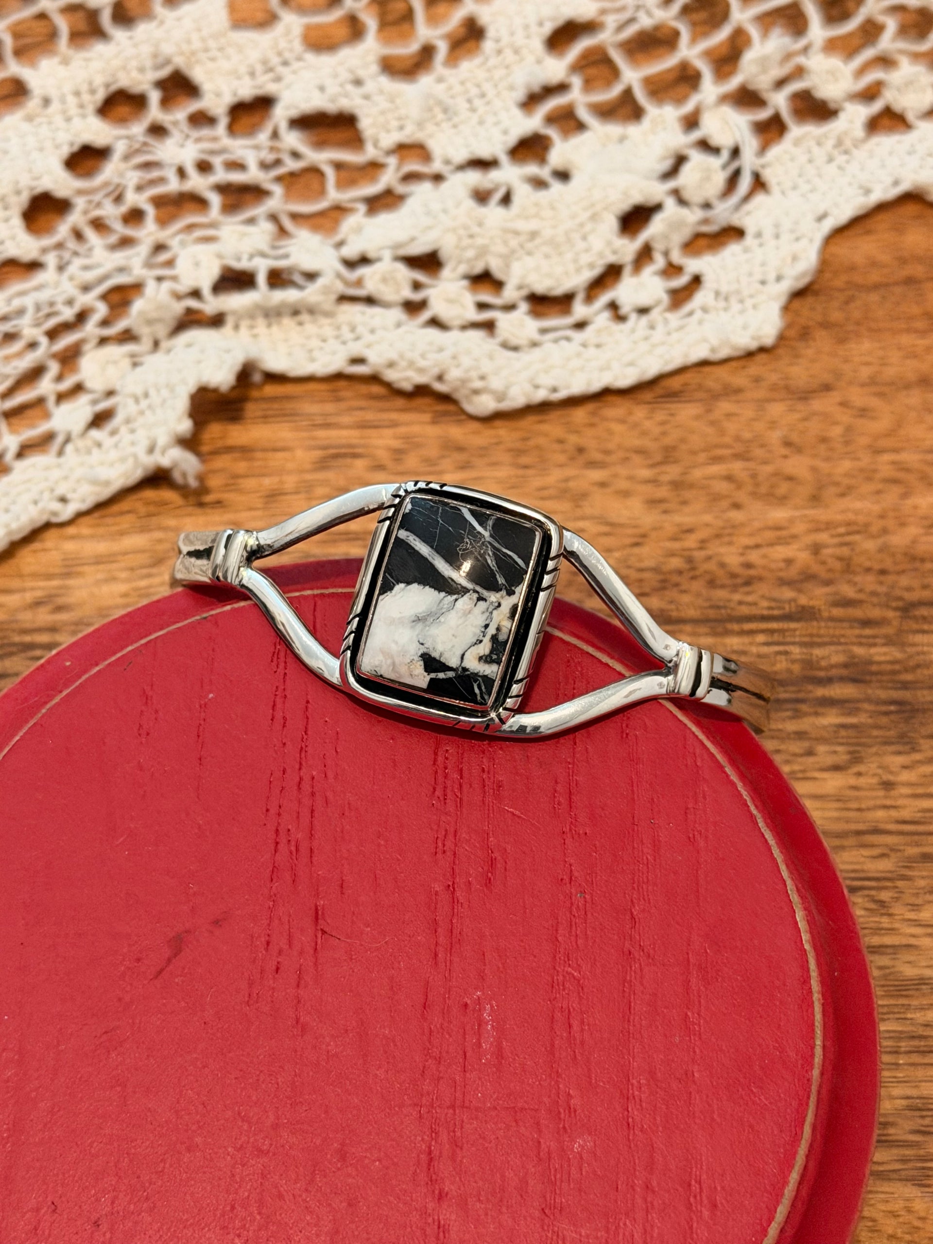 Navajo Made White Buffalo & Sterling Silver Cuff Bracelet