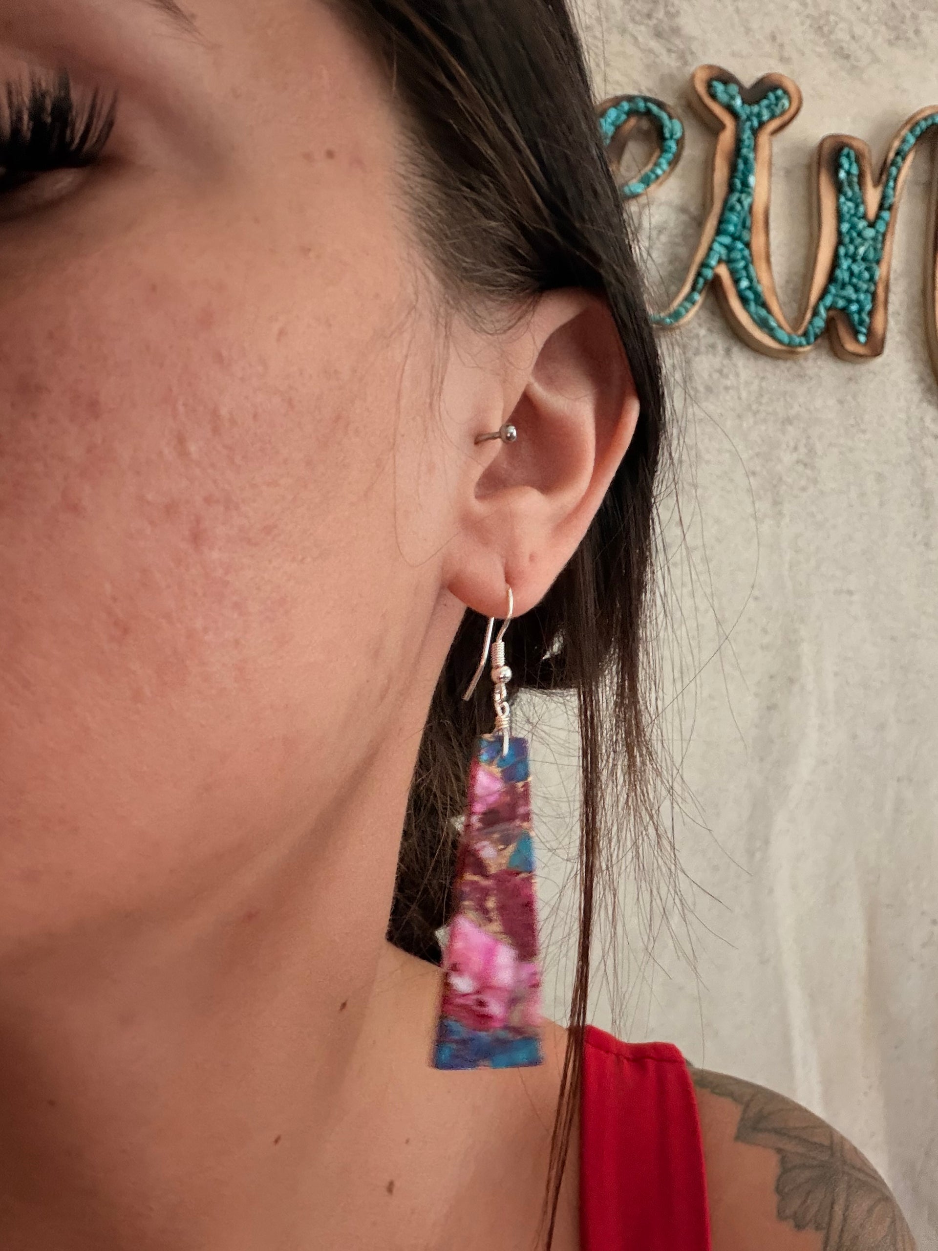 Navajo Made Purple/Pink Mohave Turquoise & Sterling Silver Slab Dangle Earrings