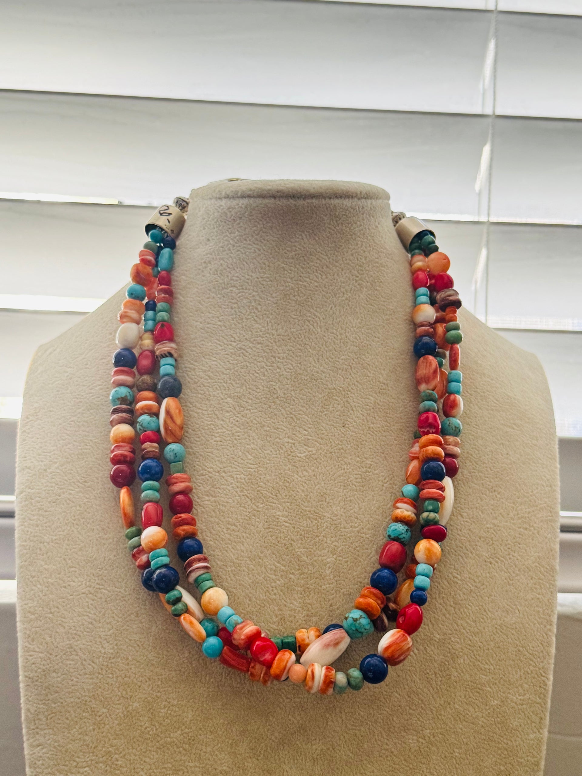 Navajo Strung Multi Stone & Sterling Silver Pearl 3 Strand Necklace