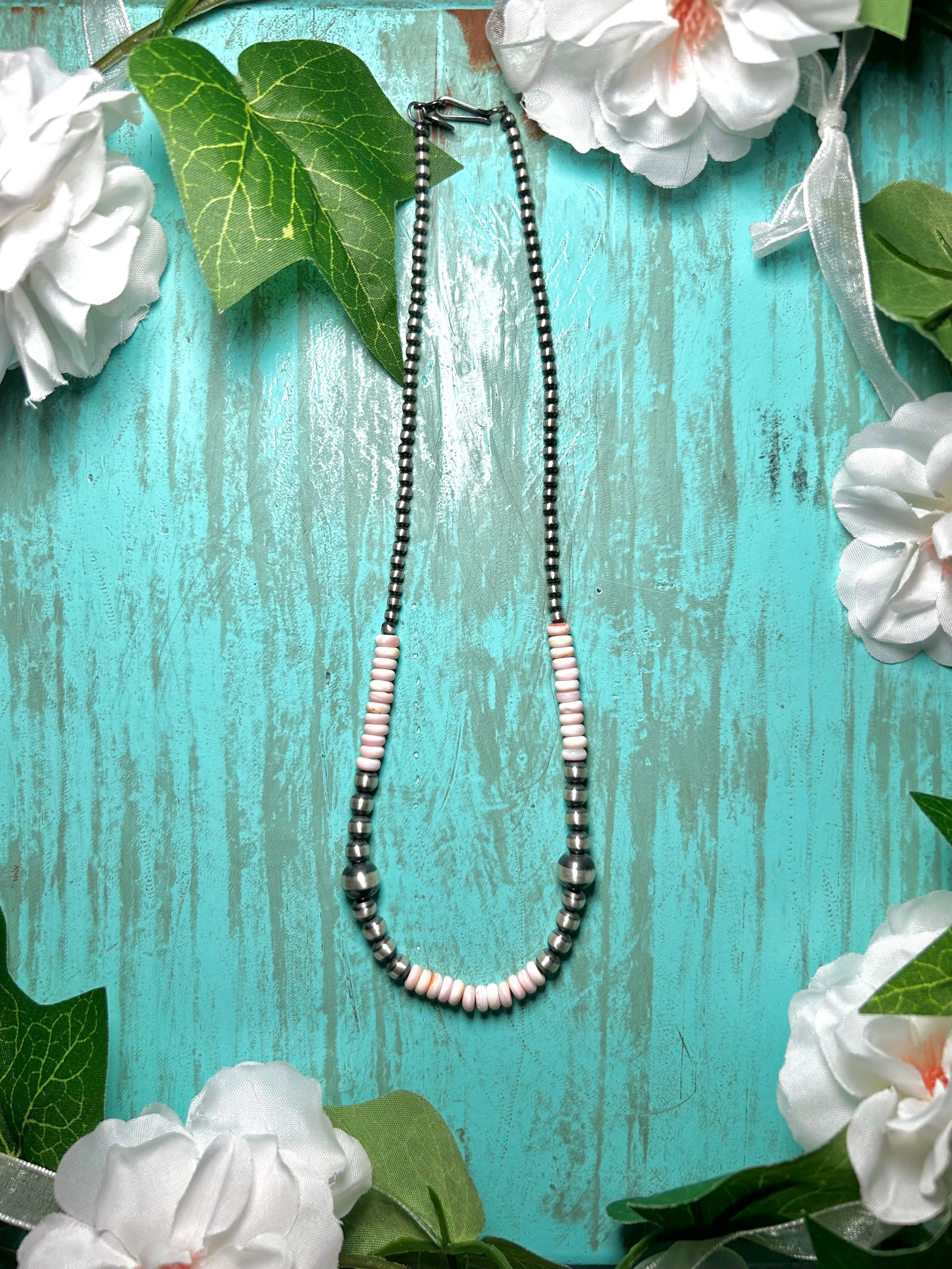 Navajo Made Strung Pink Conch  & Sterling Silver Necklace