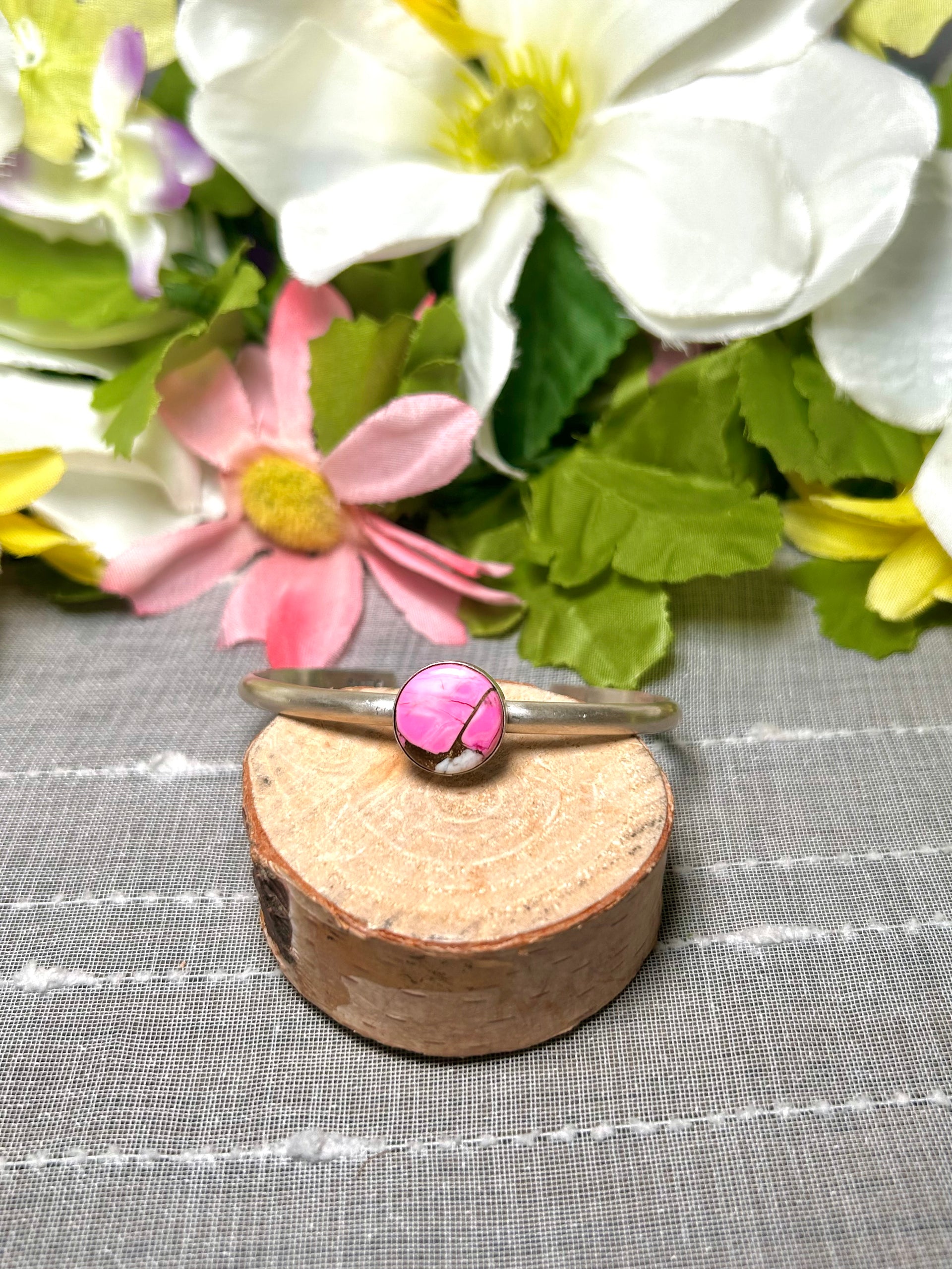 Navajo Made Cotton Candy Dahlia & Sterling Silver Cuff Bracelet