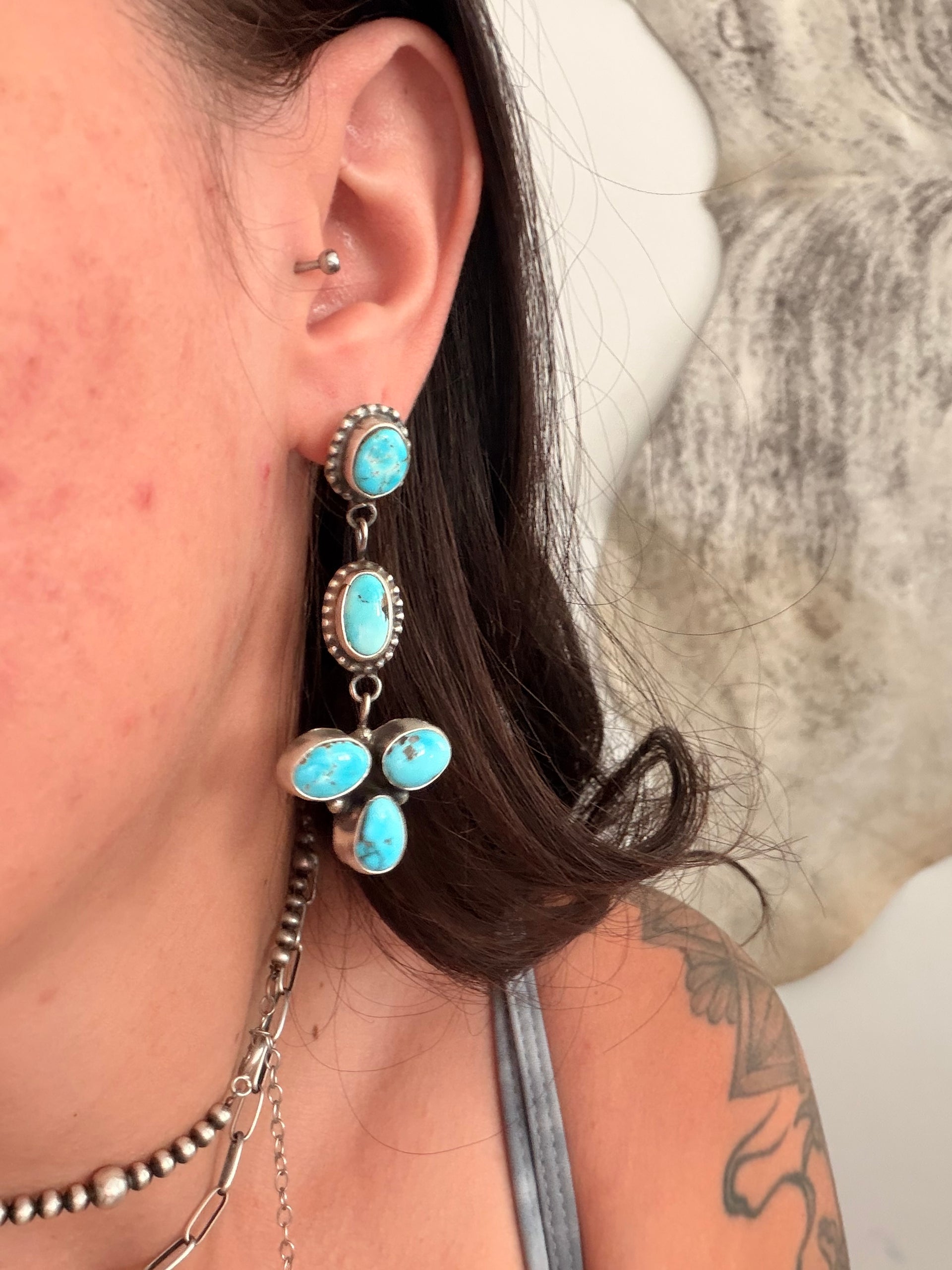 Lydia Begay Blue Ridge Turquoise & Sterling Silver Post Dangle Cluster Earrings
