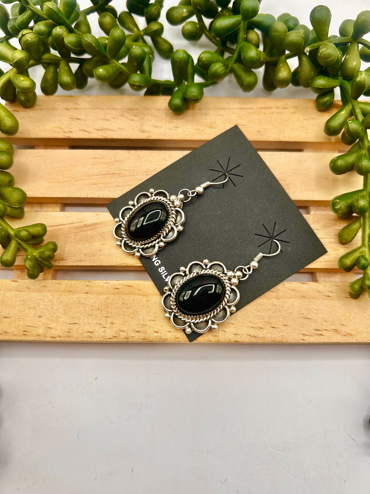 Old Pawn Navajo Made Onyx & Sterling Silver Dangle Earrings