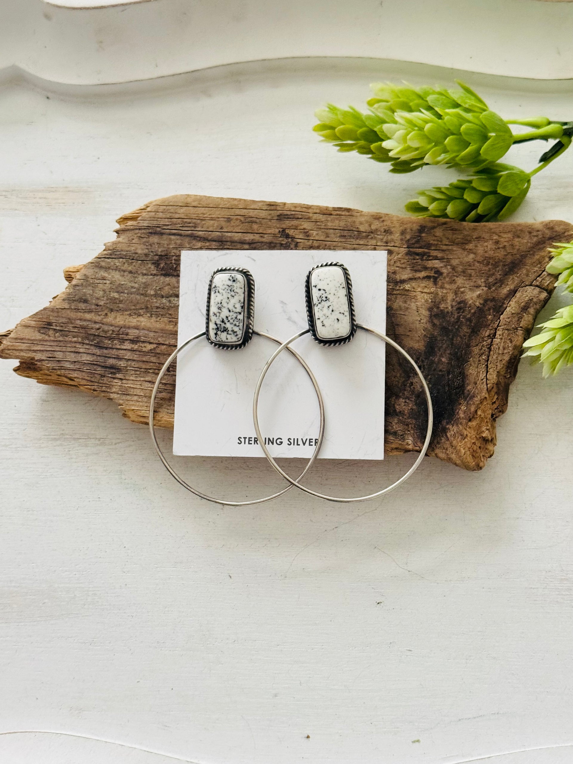 Elouise Kee White Buffalo & Sterling Silver Post Dangle Hoop Earrings