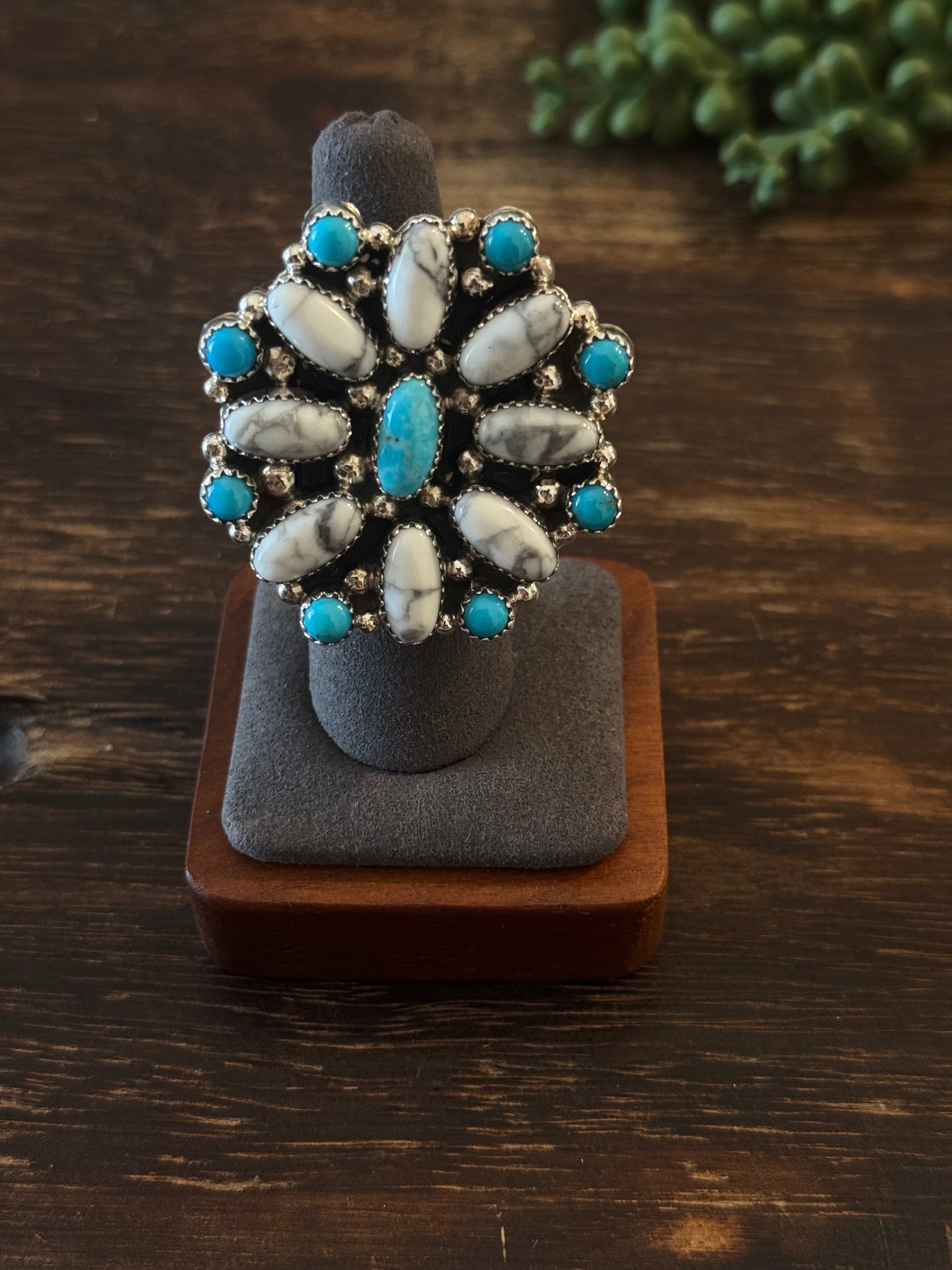 Navajo Made Multi Stone & Sterling Silver Adjustable Cluster Ring