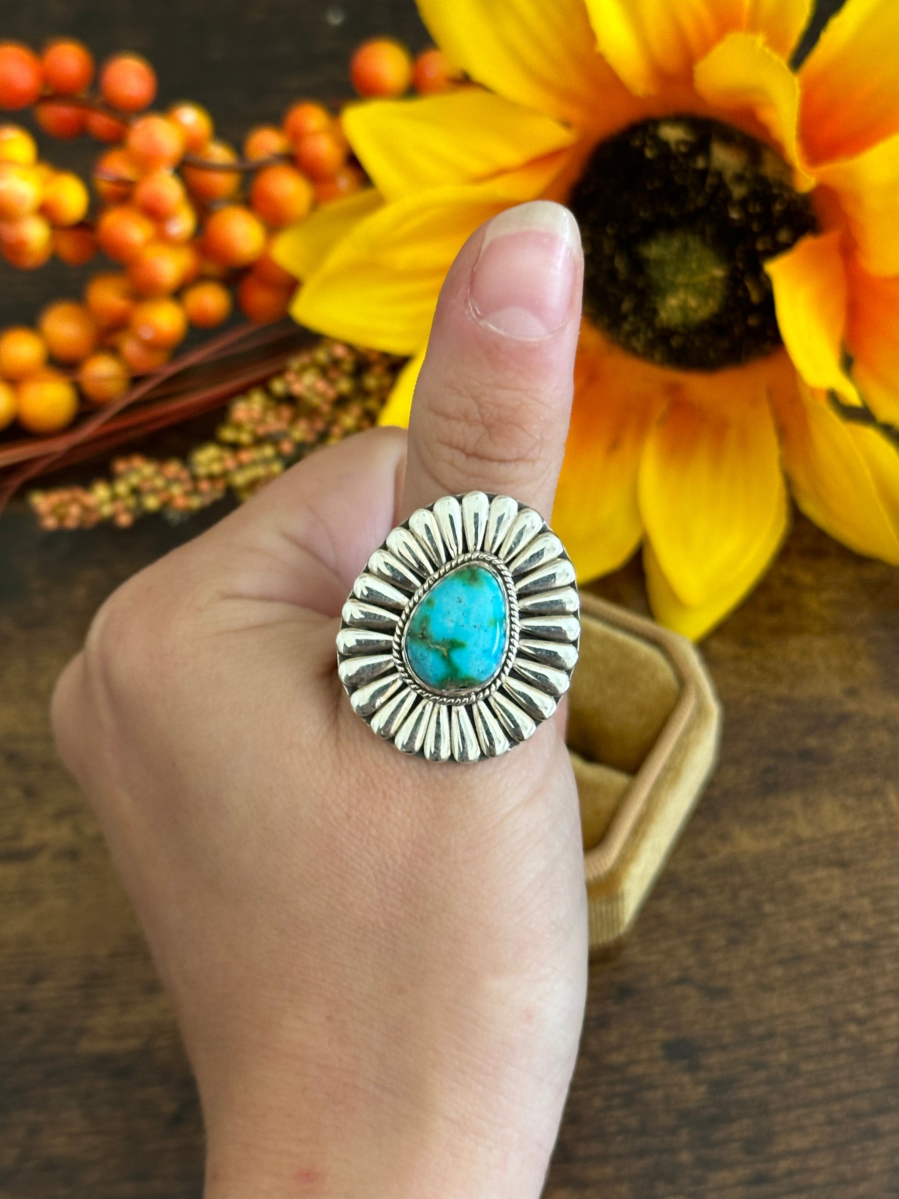 Navajo Made Sonoran Mountain Turquoise & Sterling Silver Ring Size 10.75