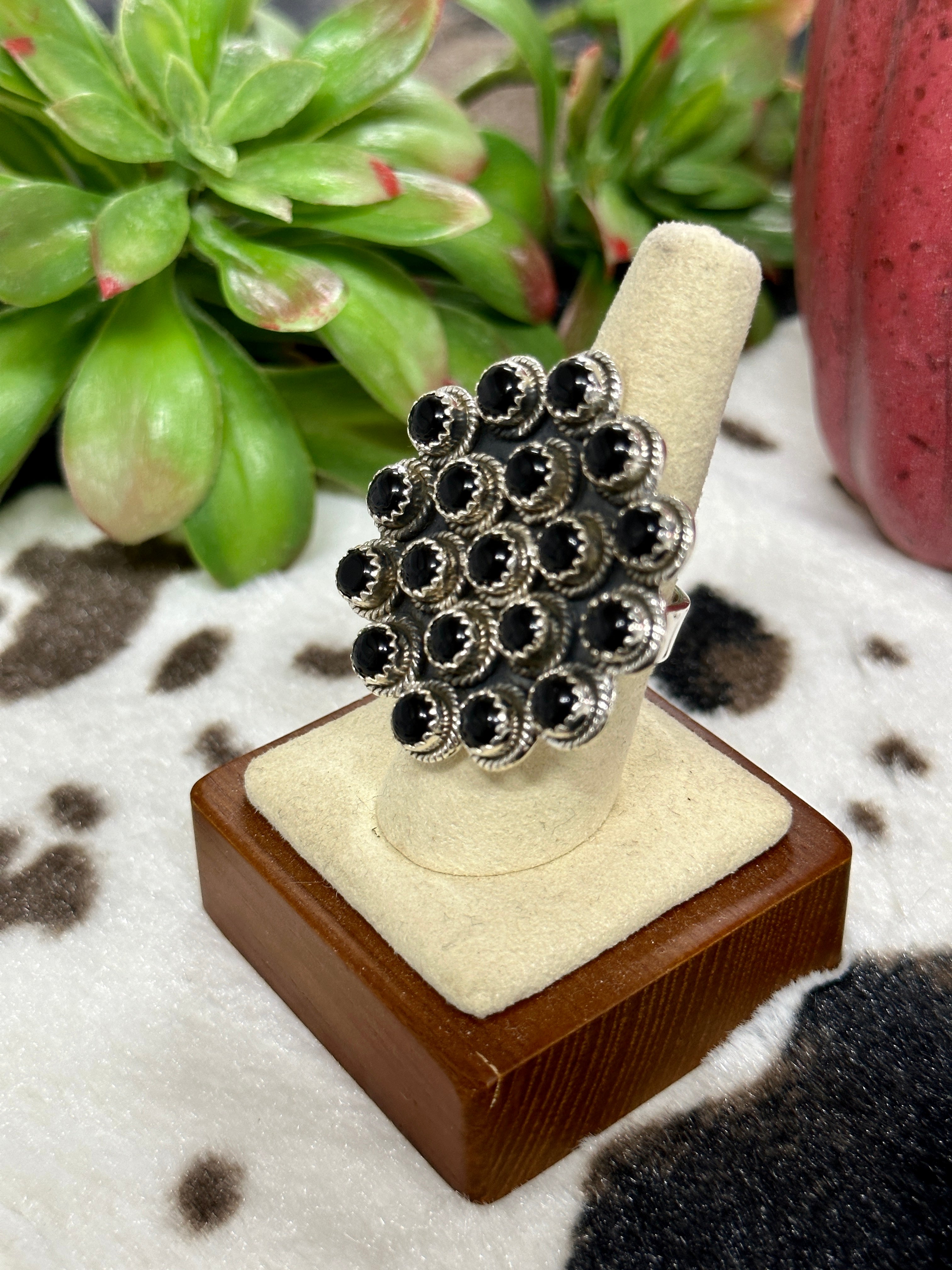 Southwest Handmade Onyx & Sterling Silver Cluster Adjustable Ring