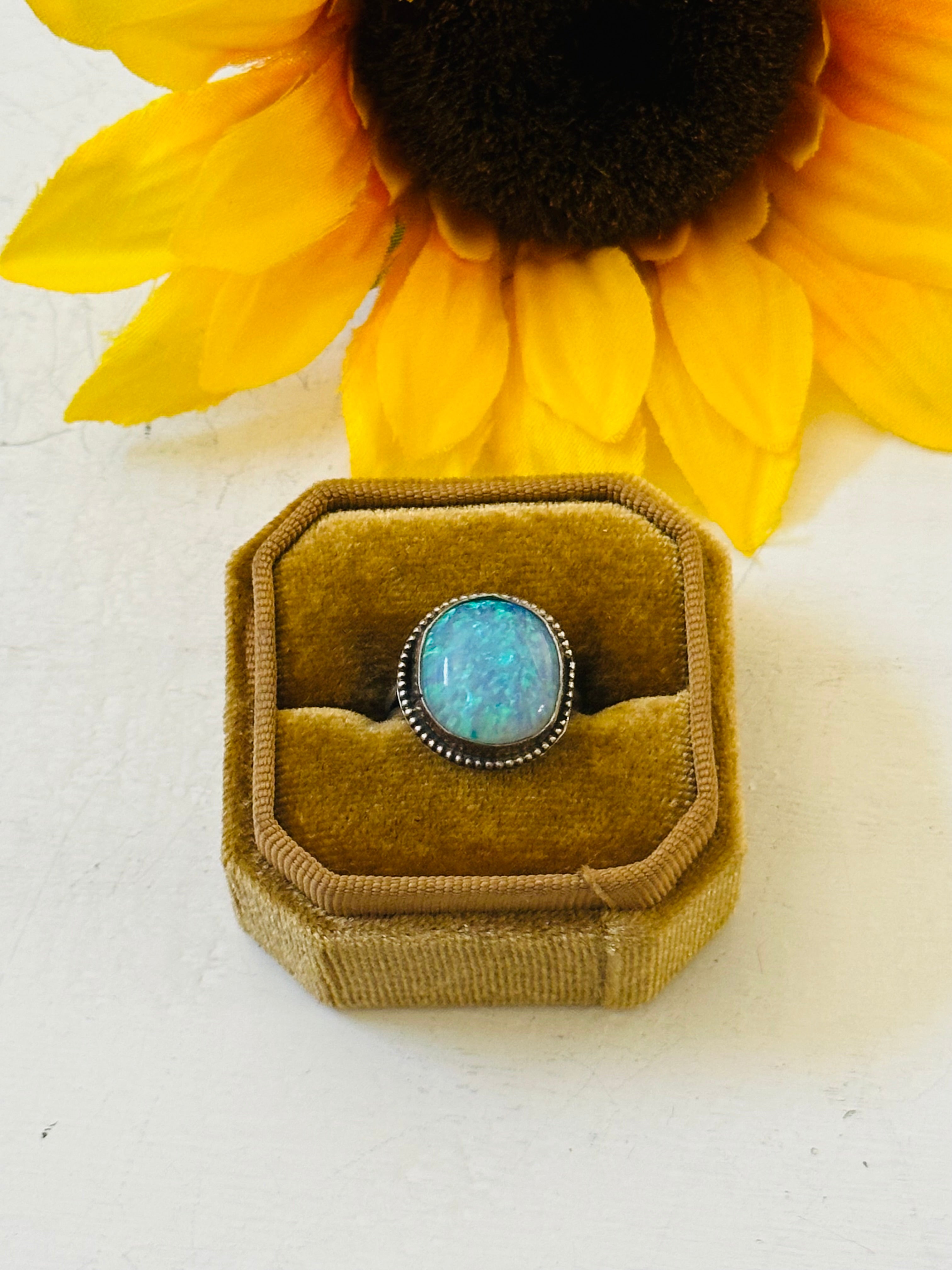 Navajo Made Blue Opal & Sterling Silver Ring Size 6.5