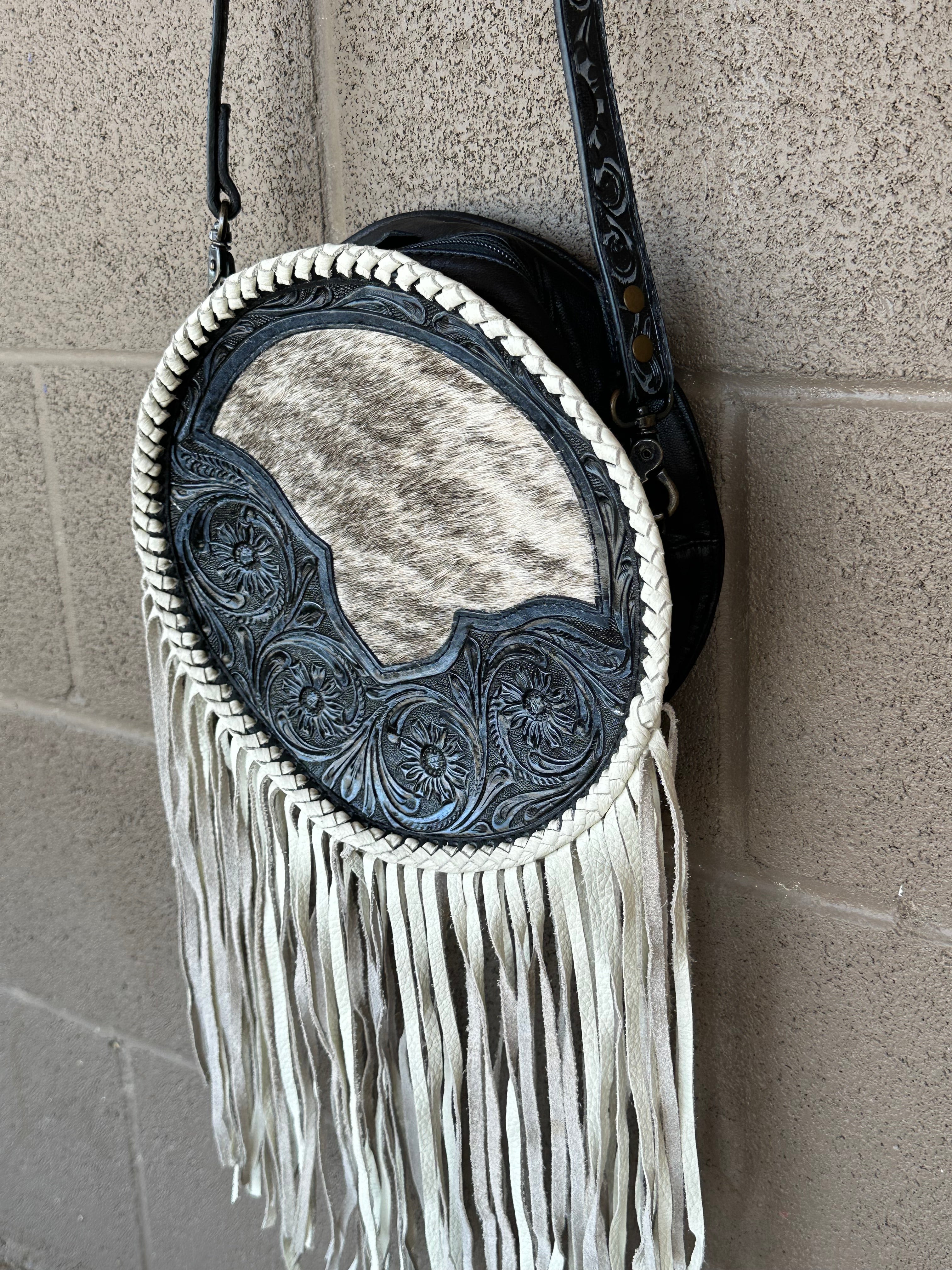 Genuine Tooled Leather & Cowhide Fringe Purse