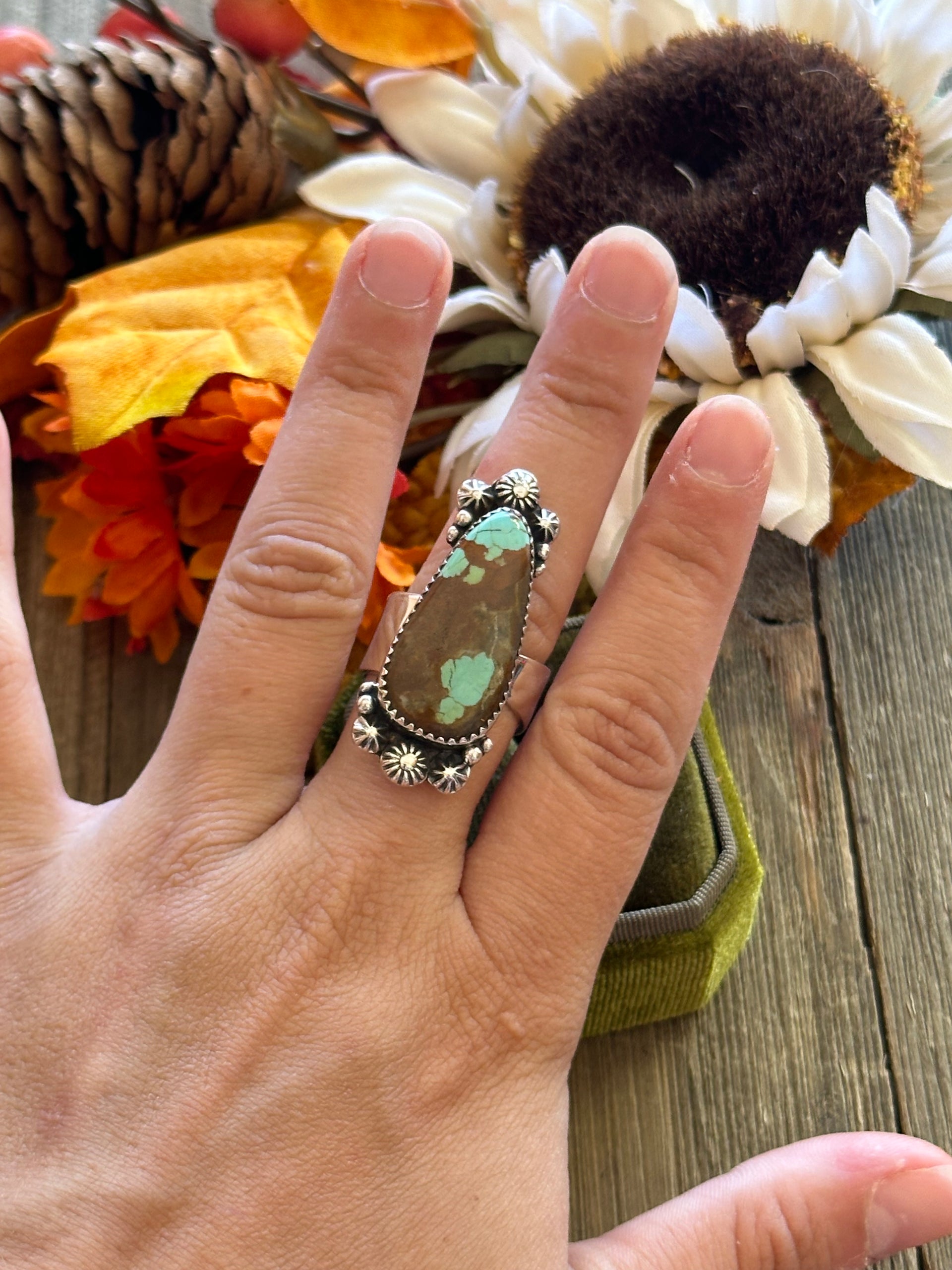 Southwest Handmade #8 Turquoise & Sterling Silver Adjustable Ring