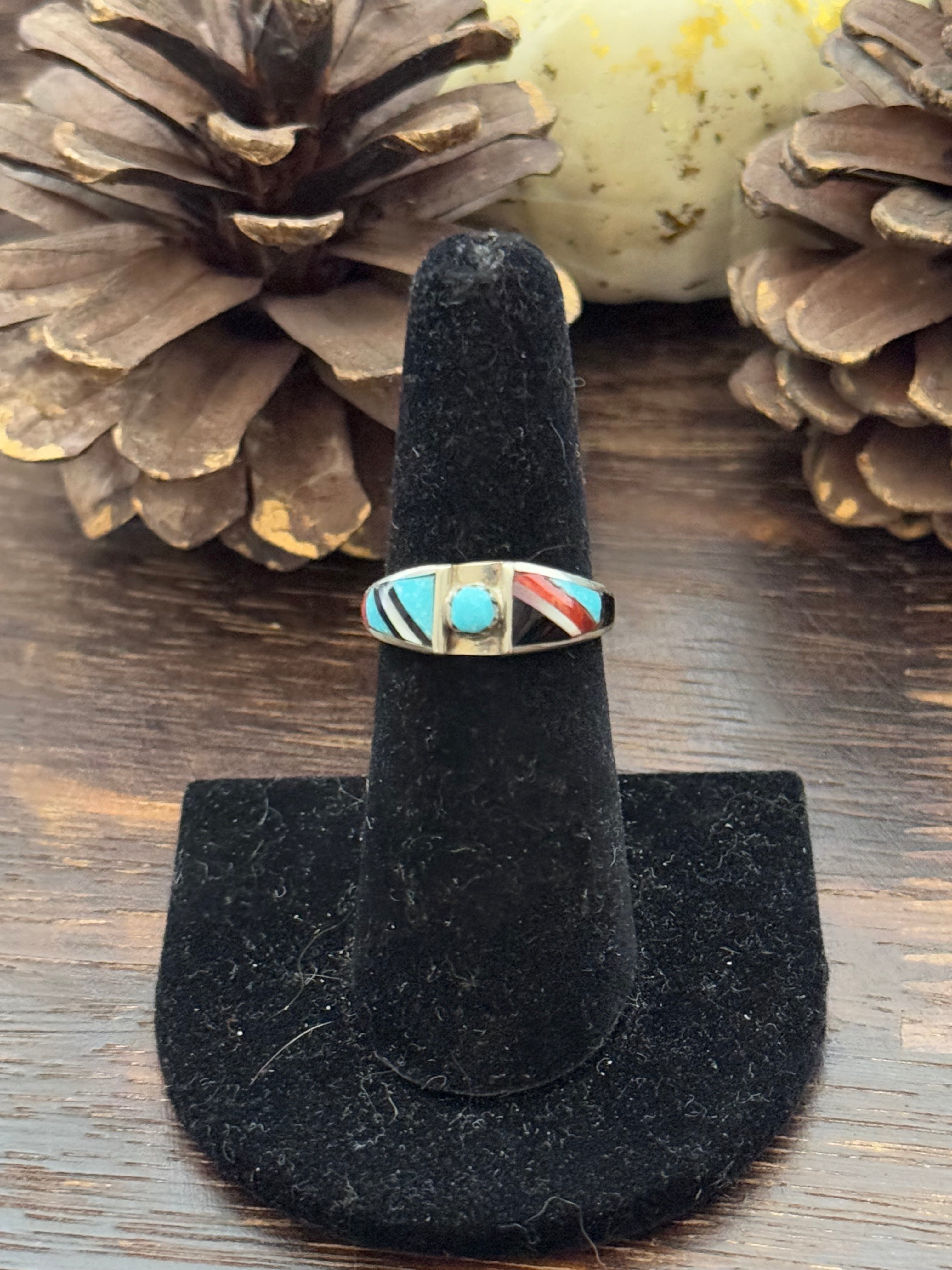 Zuni Made Multi Stone & Sterling Silver Inlay Ring