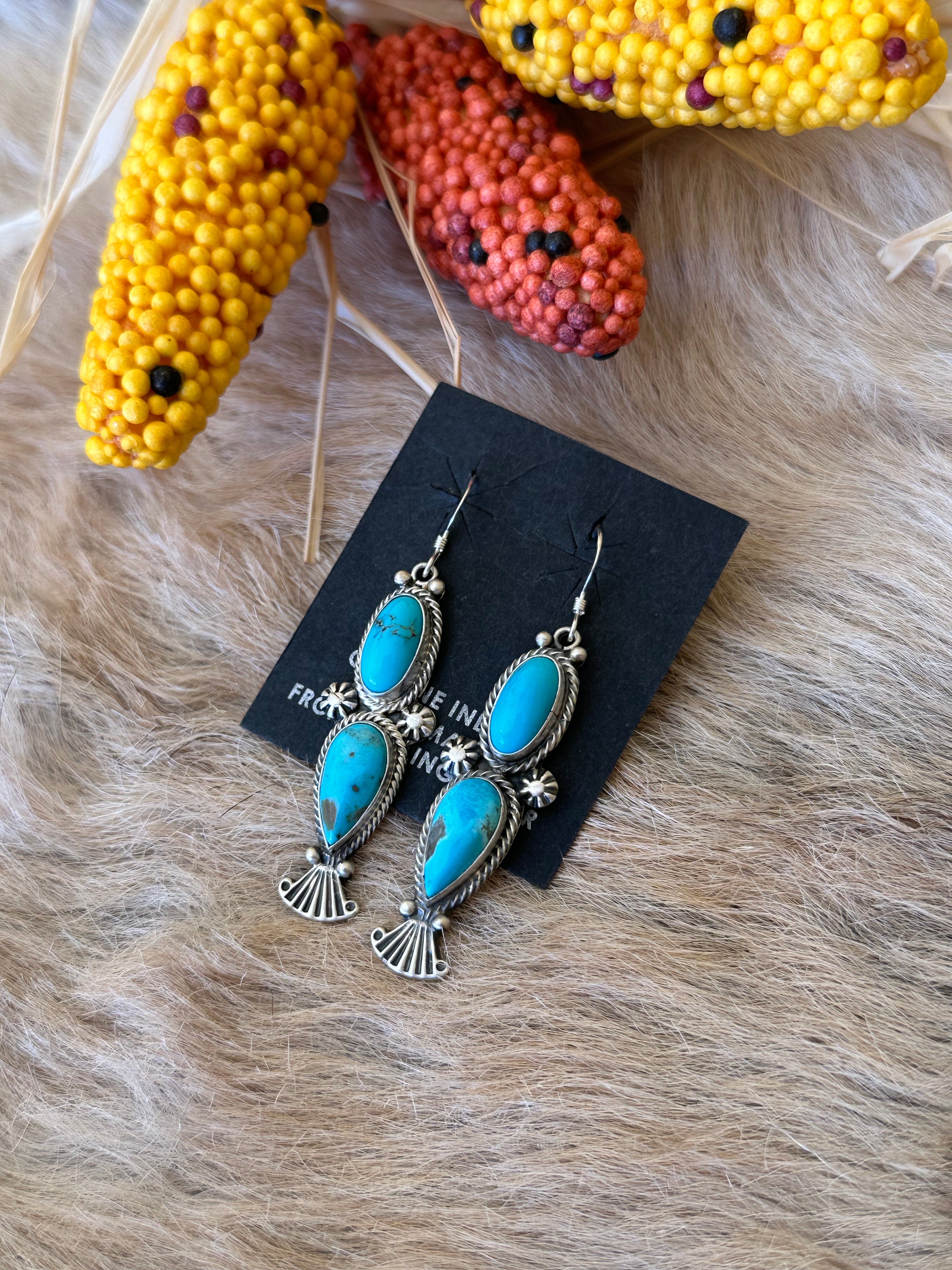 Navajo Made Kingman Turquoise & Sterling Silver Dangle Earrings