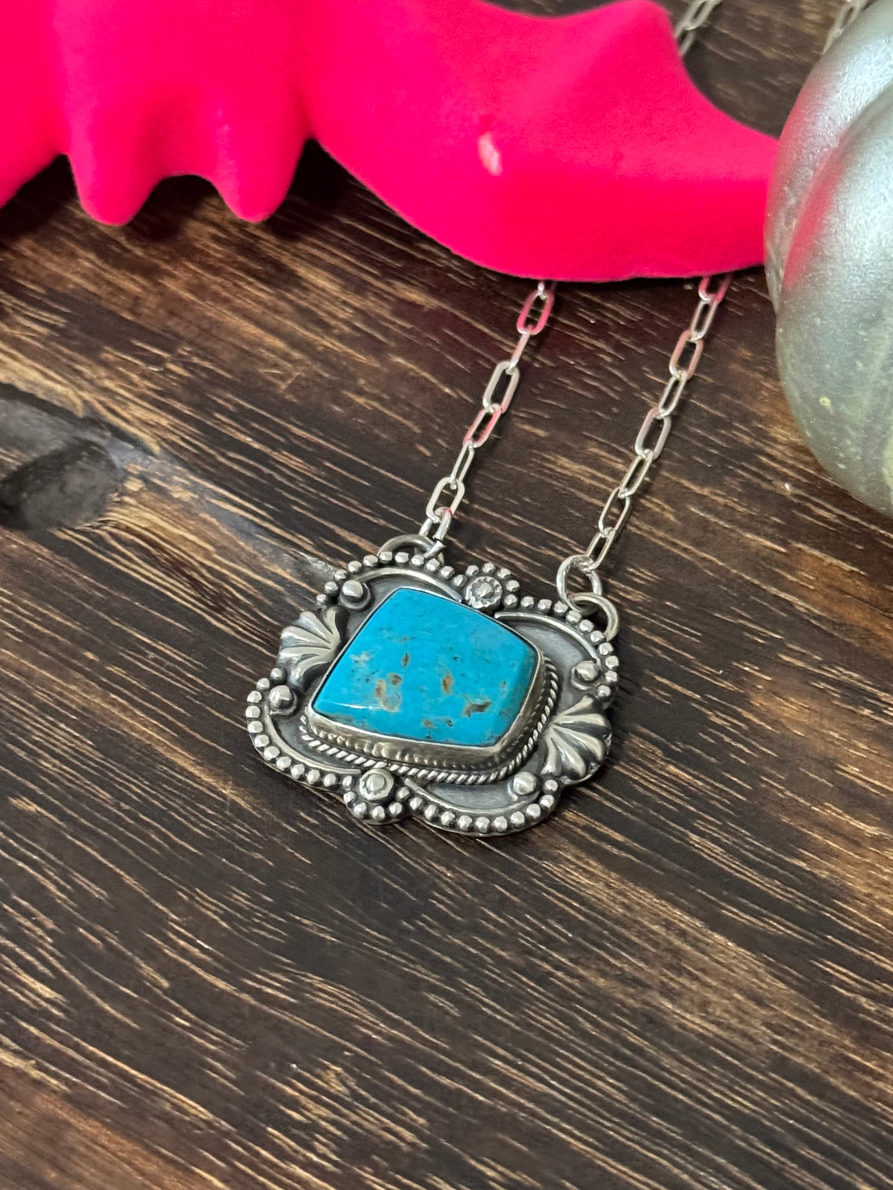 Navajo Made Kingman Turquoise & Sterling Silver Necklace