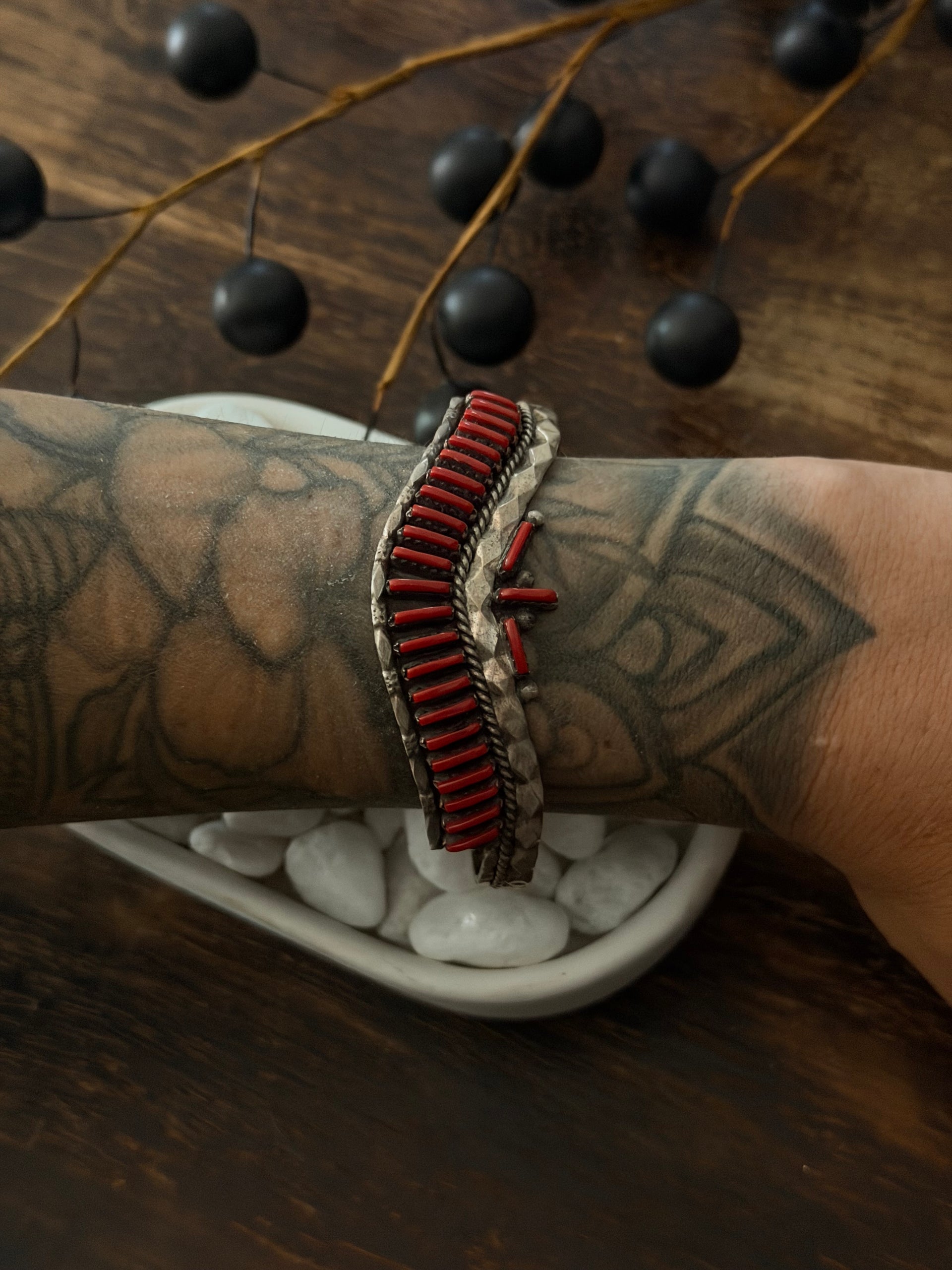 Zuni Made Coral & Sterling Silver Cuff Bracelet