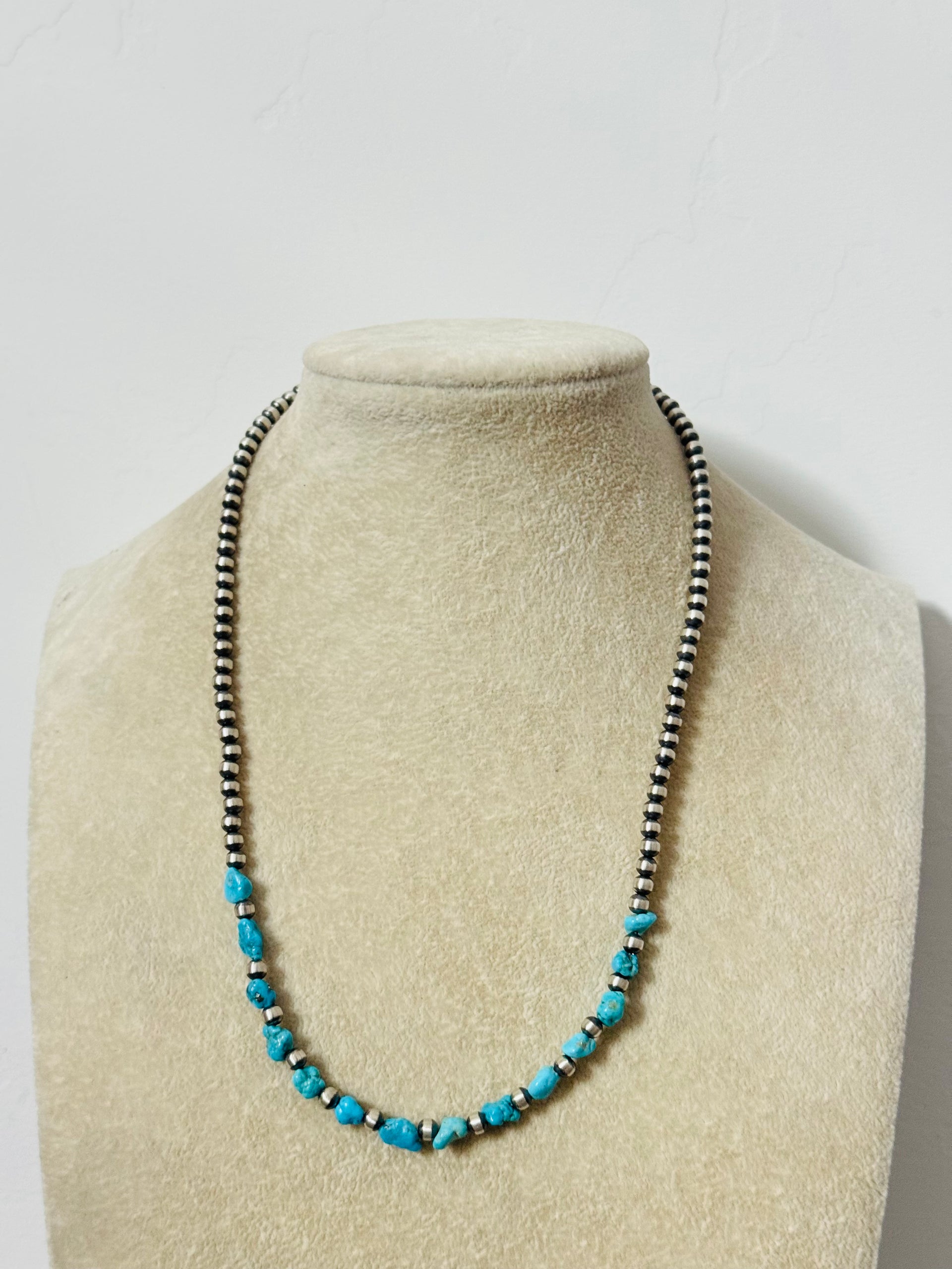 Navajo Strung Kingman Turquoise & Sterling Silver Beaded Pearl Necklace
