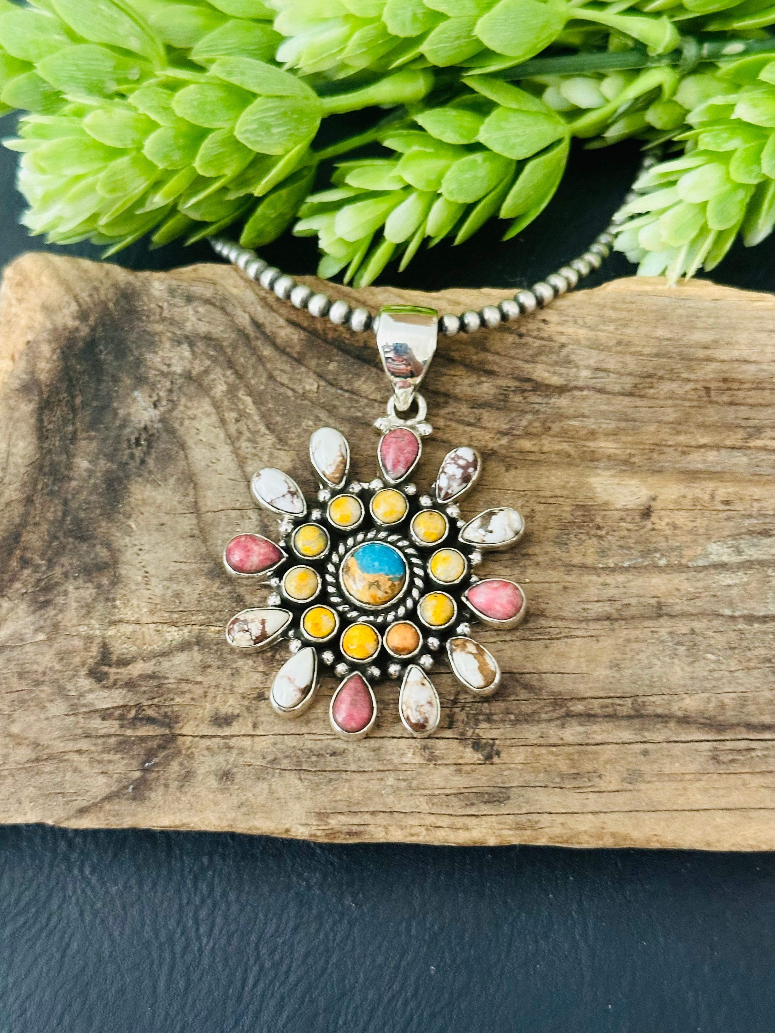 Southwest Handmade Multi Stone & Sterling Silver Cluster Pendant