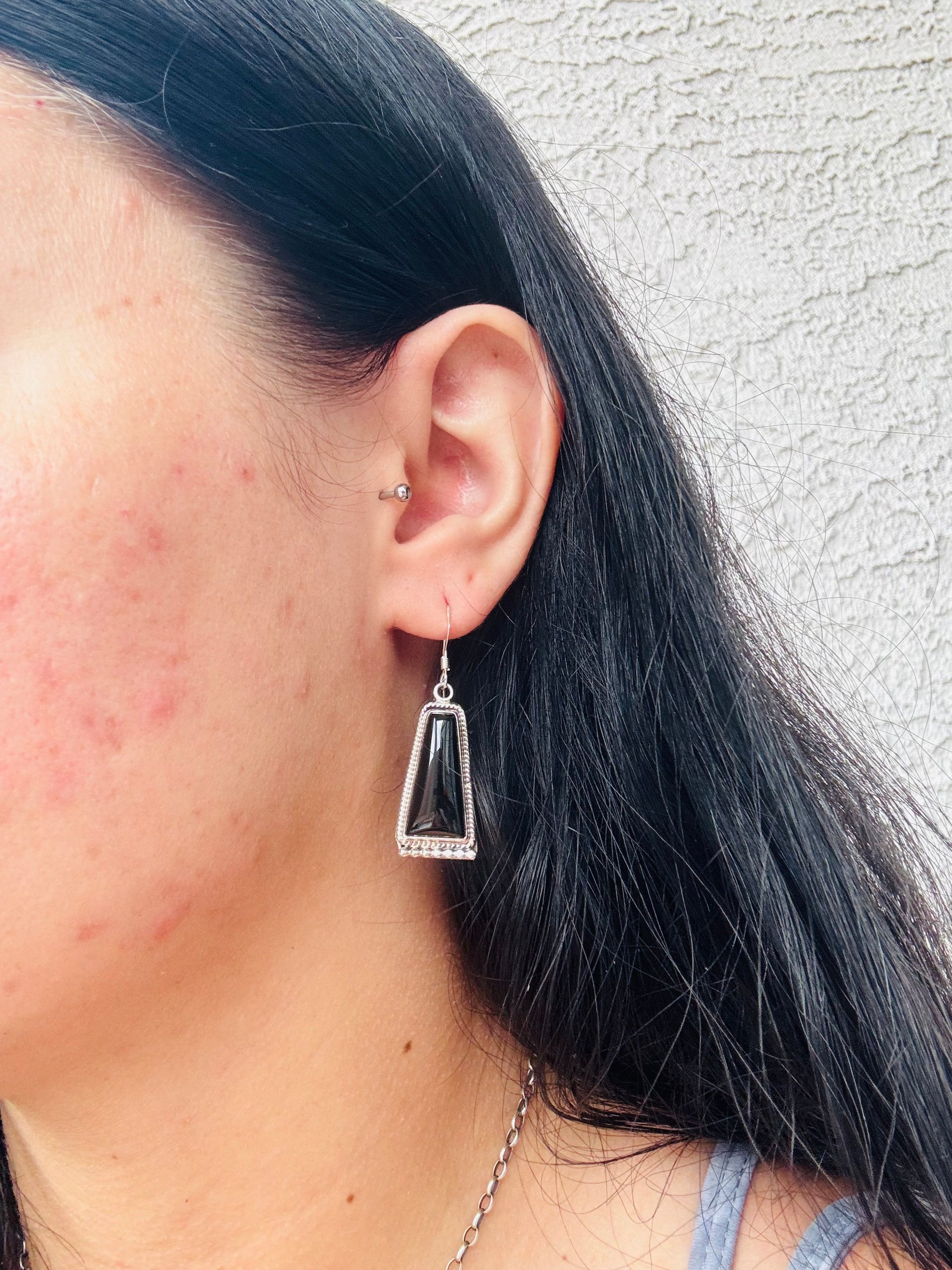 Navajo Made Onyx & Sterling Silver Dangle Earrings