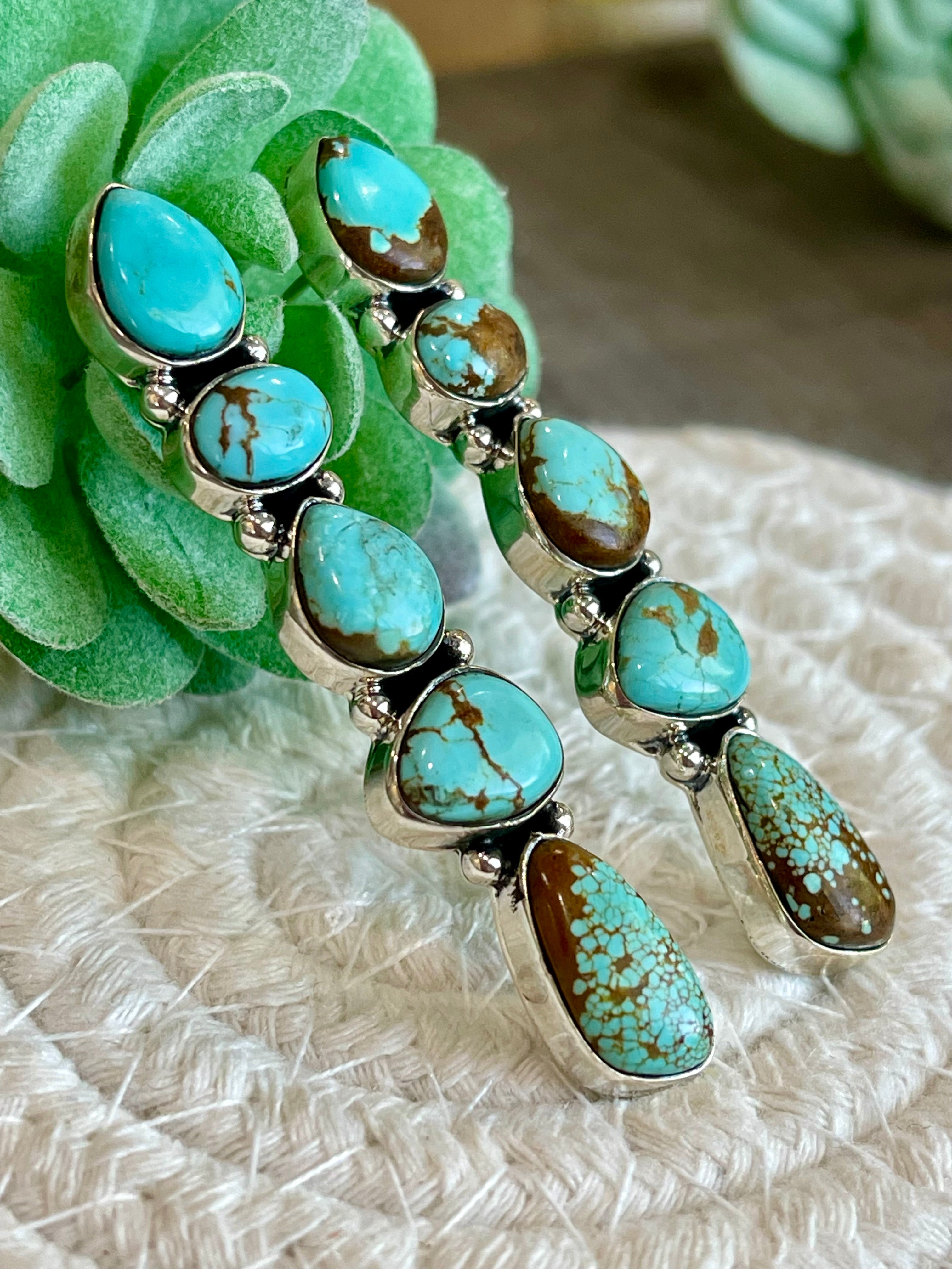 Southwest Handmade Number 8 Turquoise & Sterling Silver 5 Stone Post Earrings