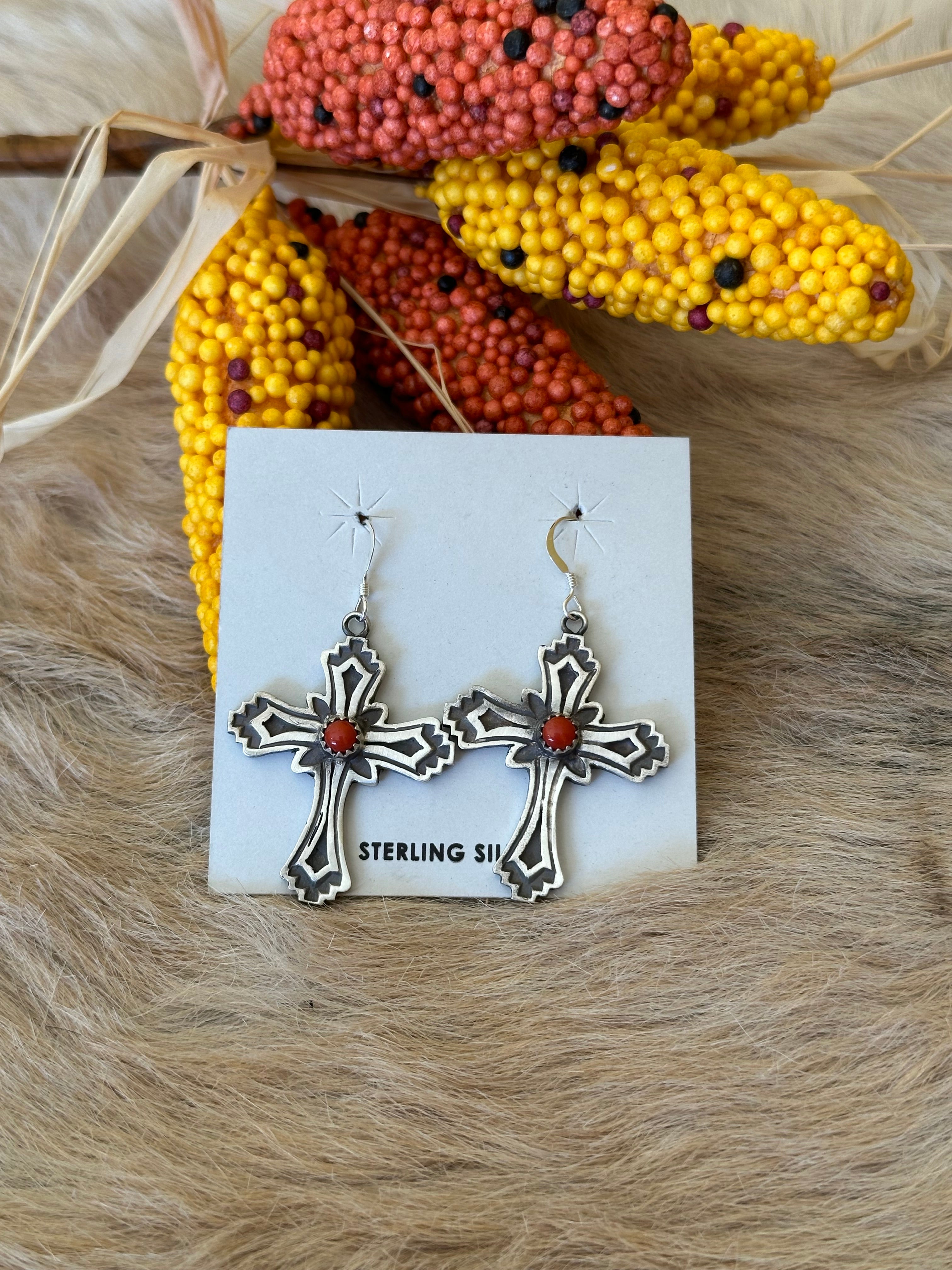 Louise Joe Red Coral & Sterling Silver Dangle Cross Earrings