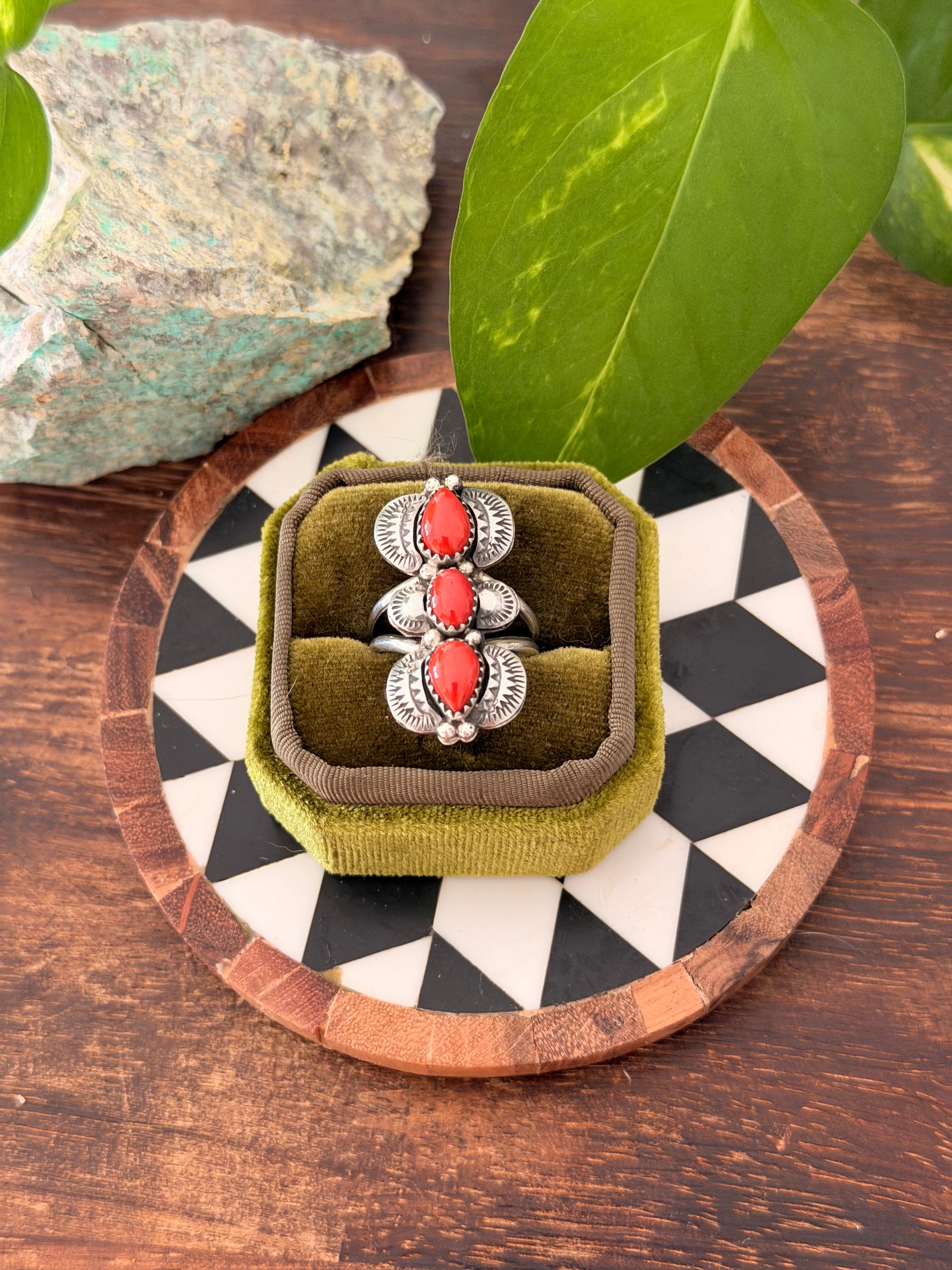 Navajo Made Natural Coral & Sterling Silver Ring