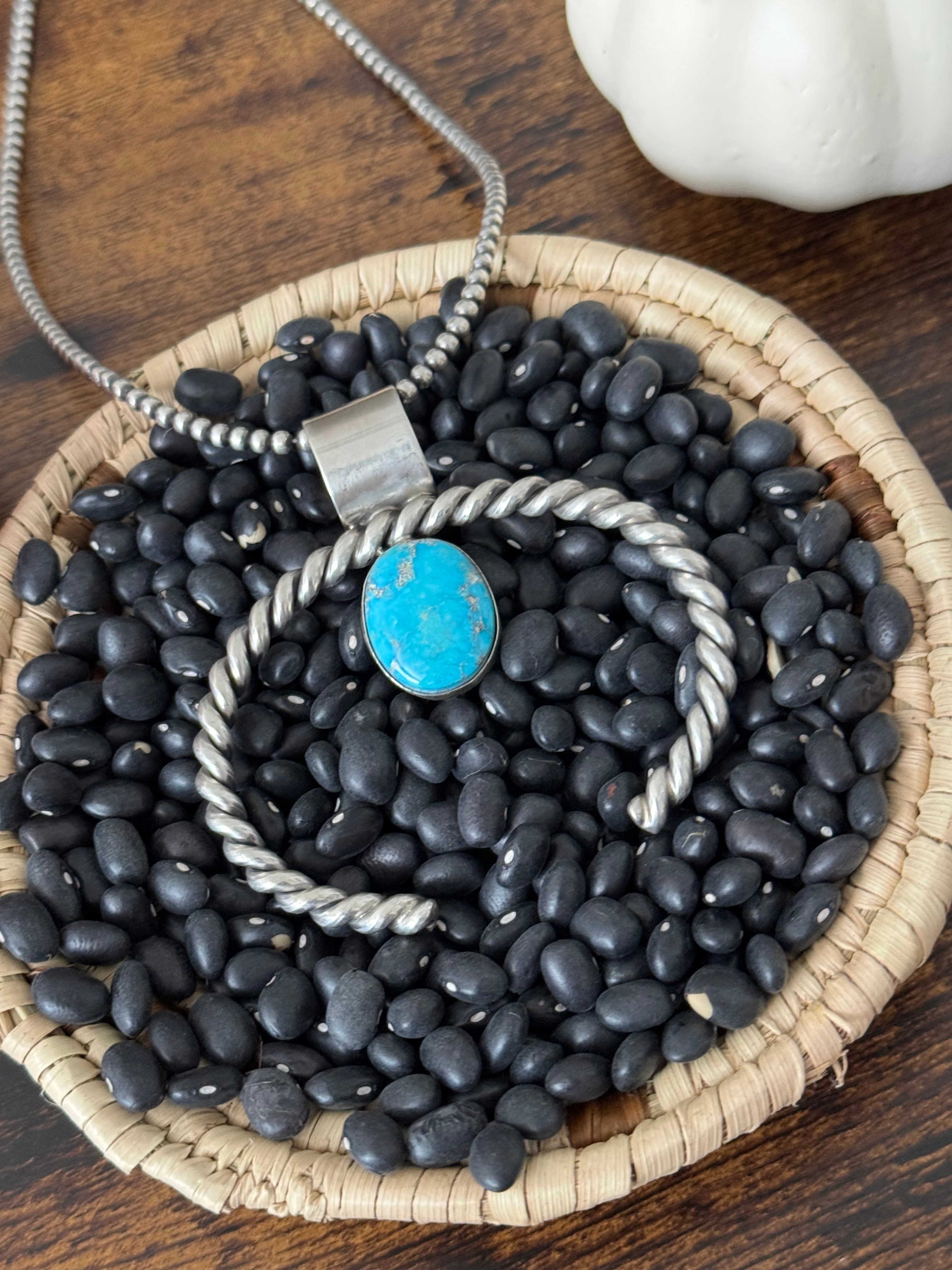 Navajo Made Kingman Turquoise & Sterling Silver Naja Pendant