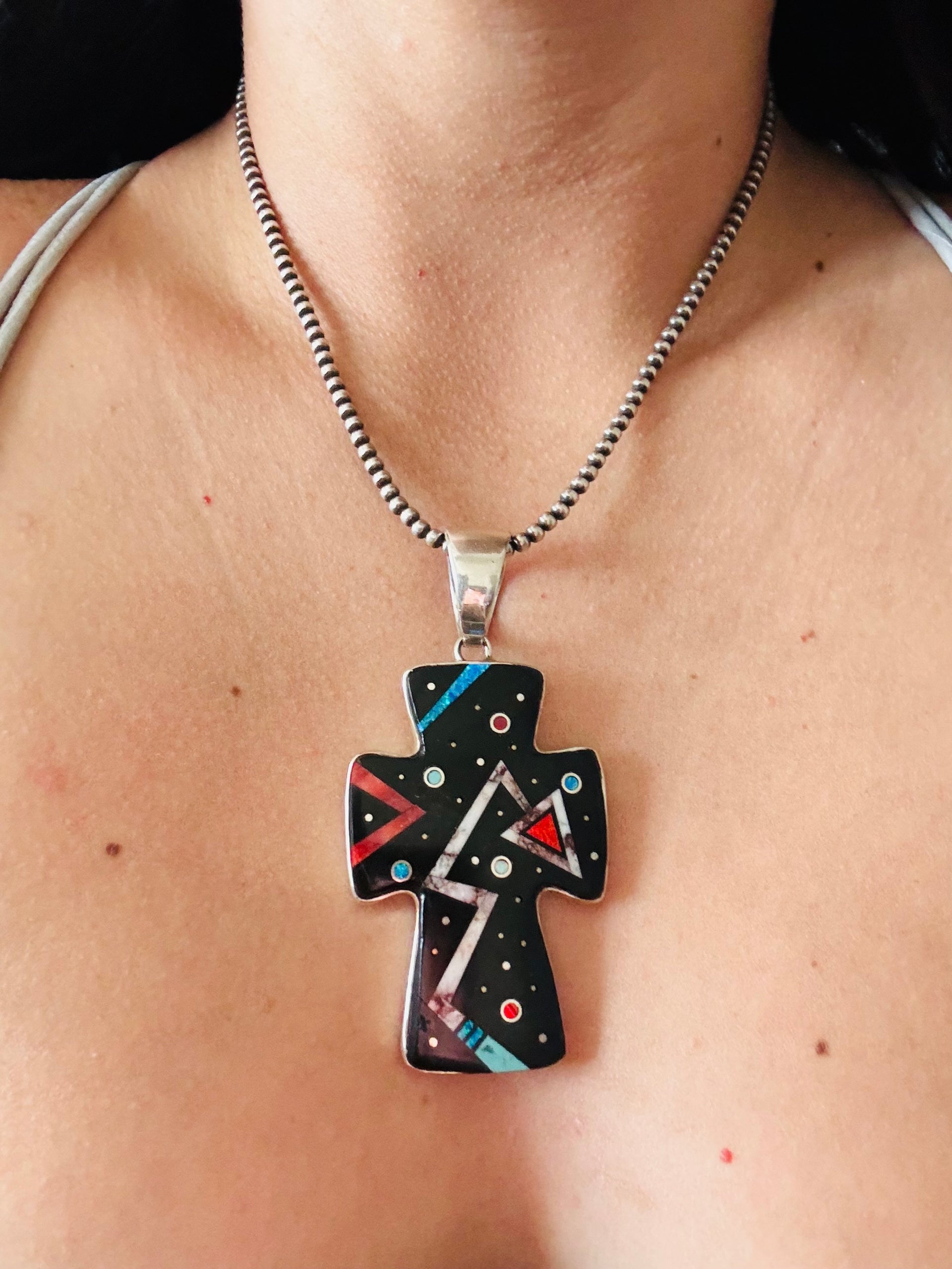 Randy James Multi Stone & Sterling Silver Micro Inlay Galaxy Cross Pendant