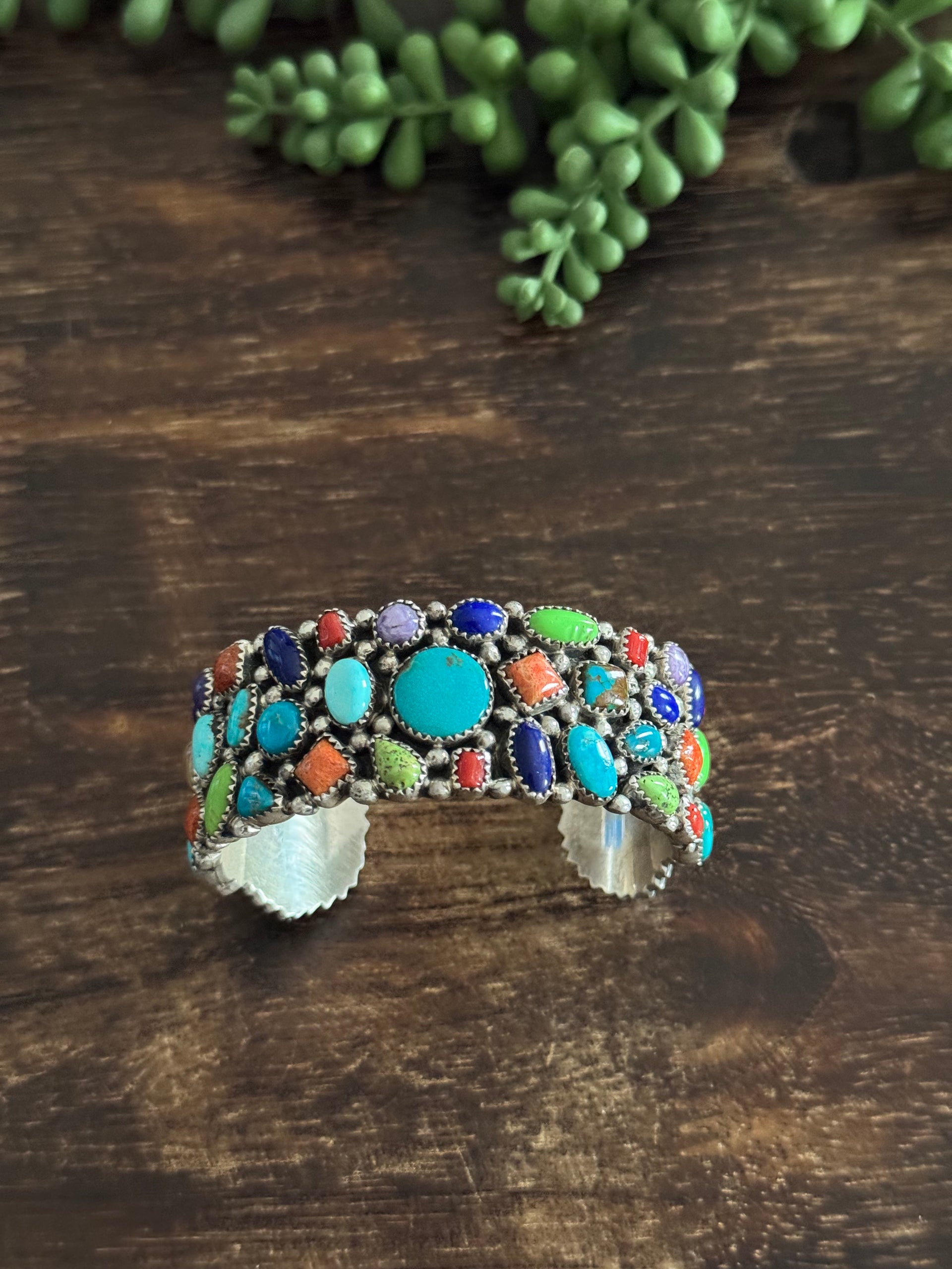 Vintage Navajo Made Multi Stone & Sterling Silver Cluster Cuff Bracelet
