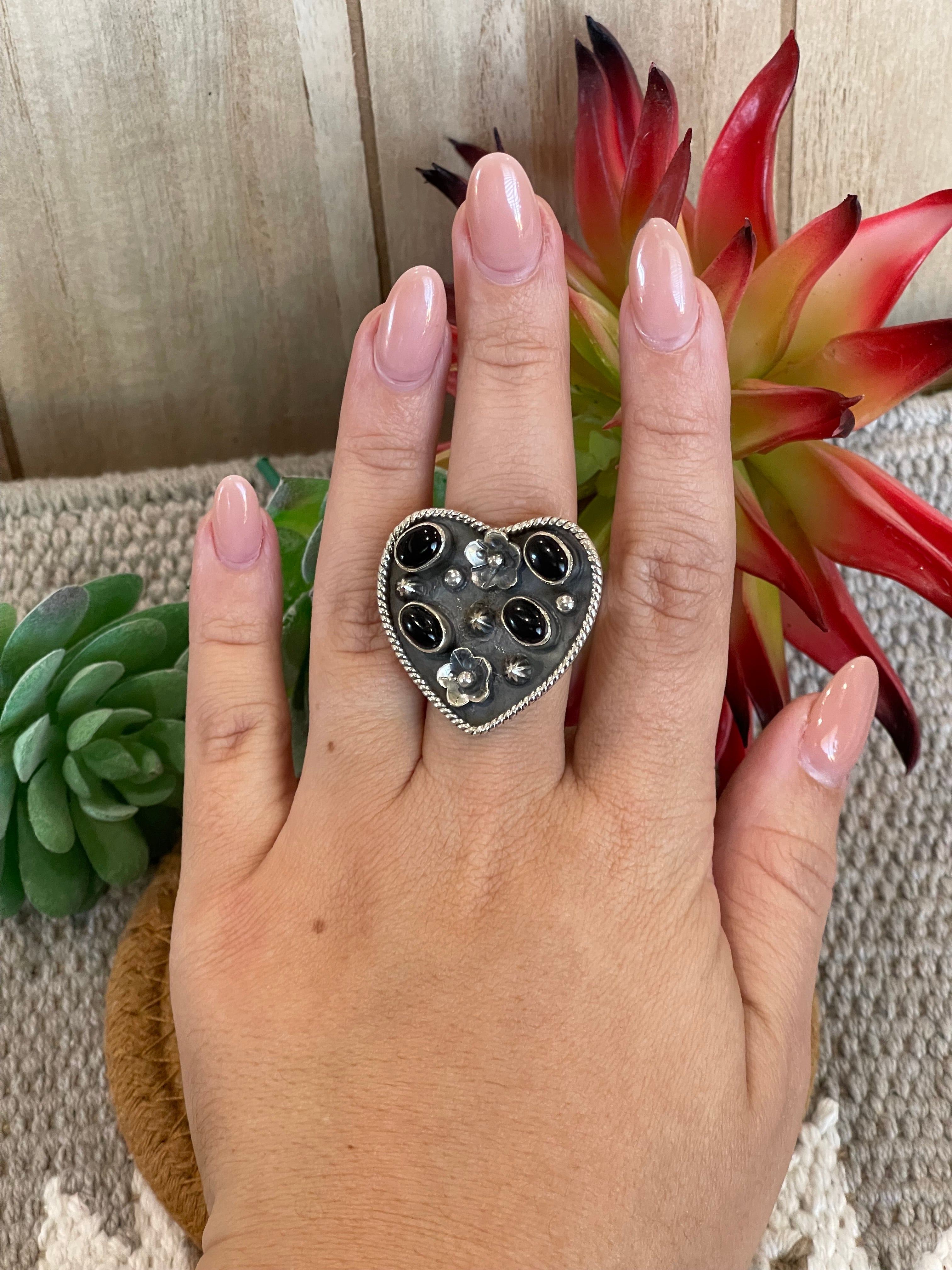 Southwest Handmade Black Onyx  & Sterling Silver Adjustable Heart Ring