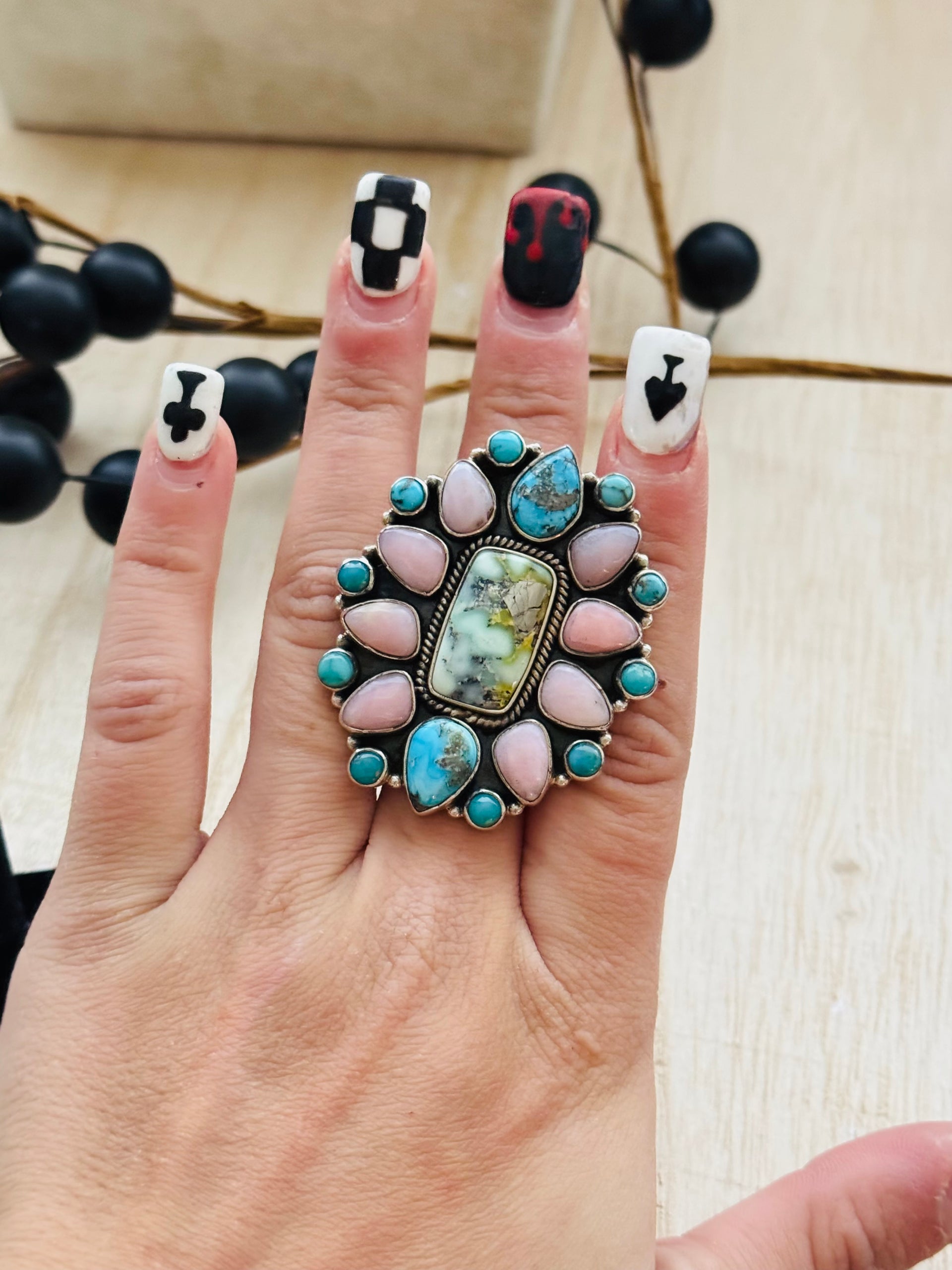 Southwest Handmade Multi Stone & Sterling Silver Adjustable Cluster Ring
