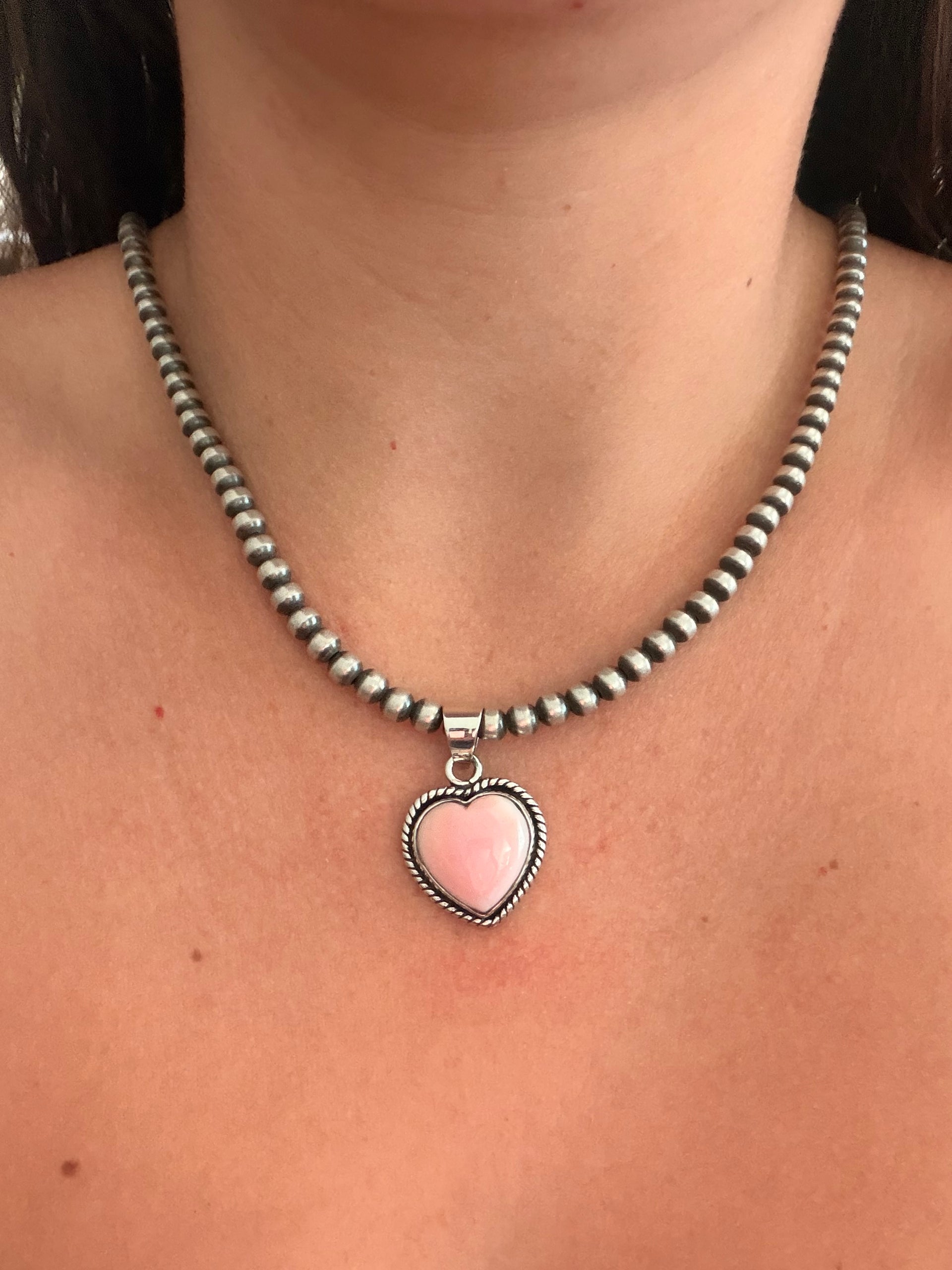 Navajo Made Pink Conch & Sterling Silver Heart Pendant