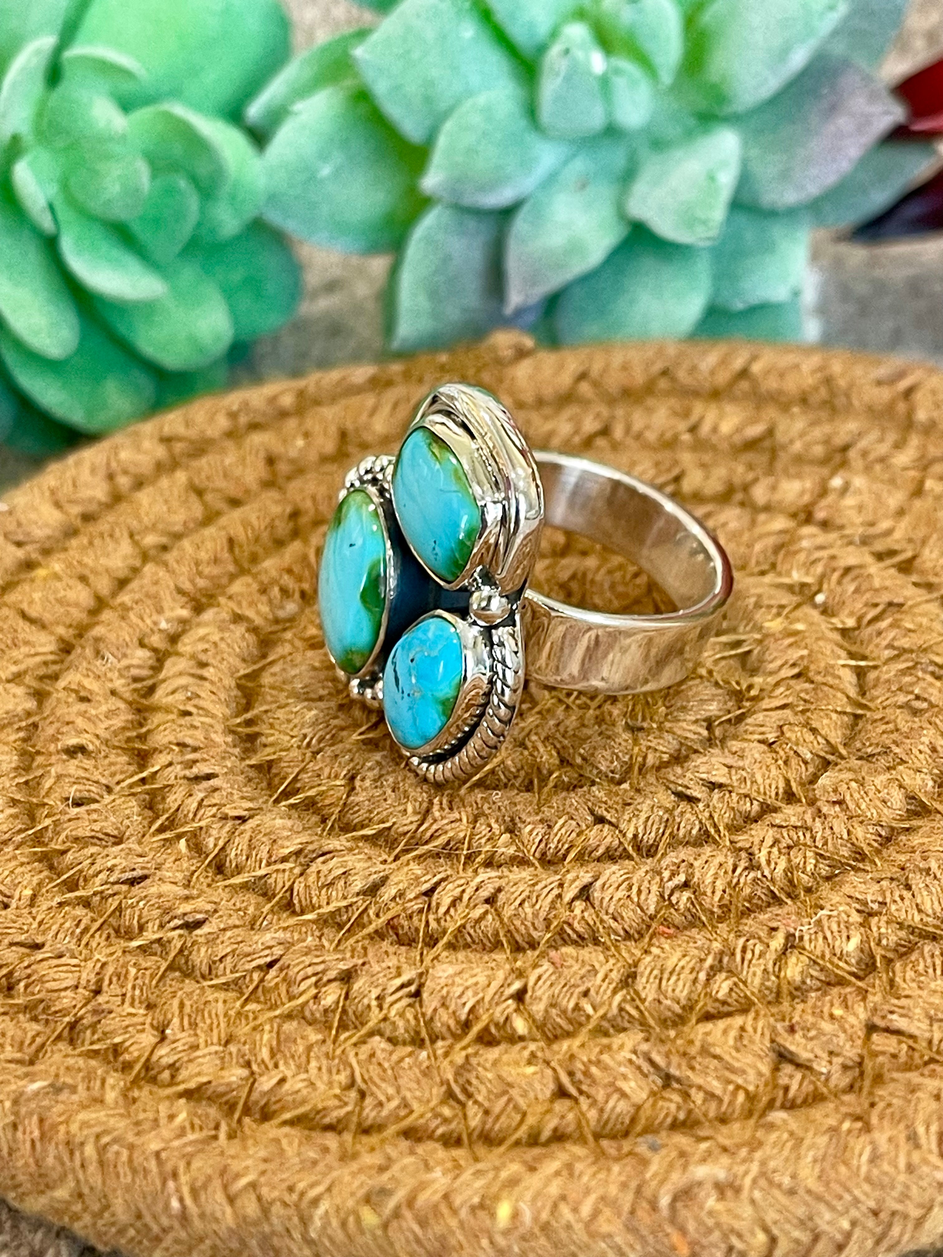 Southwest Handmade Sonoran Mountain Turquoise & Sterling Silver Adjustable 3 Stone Ring