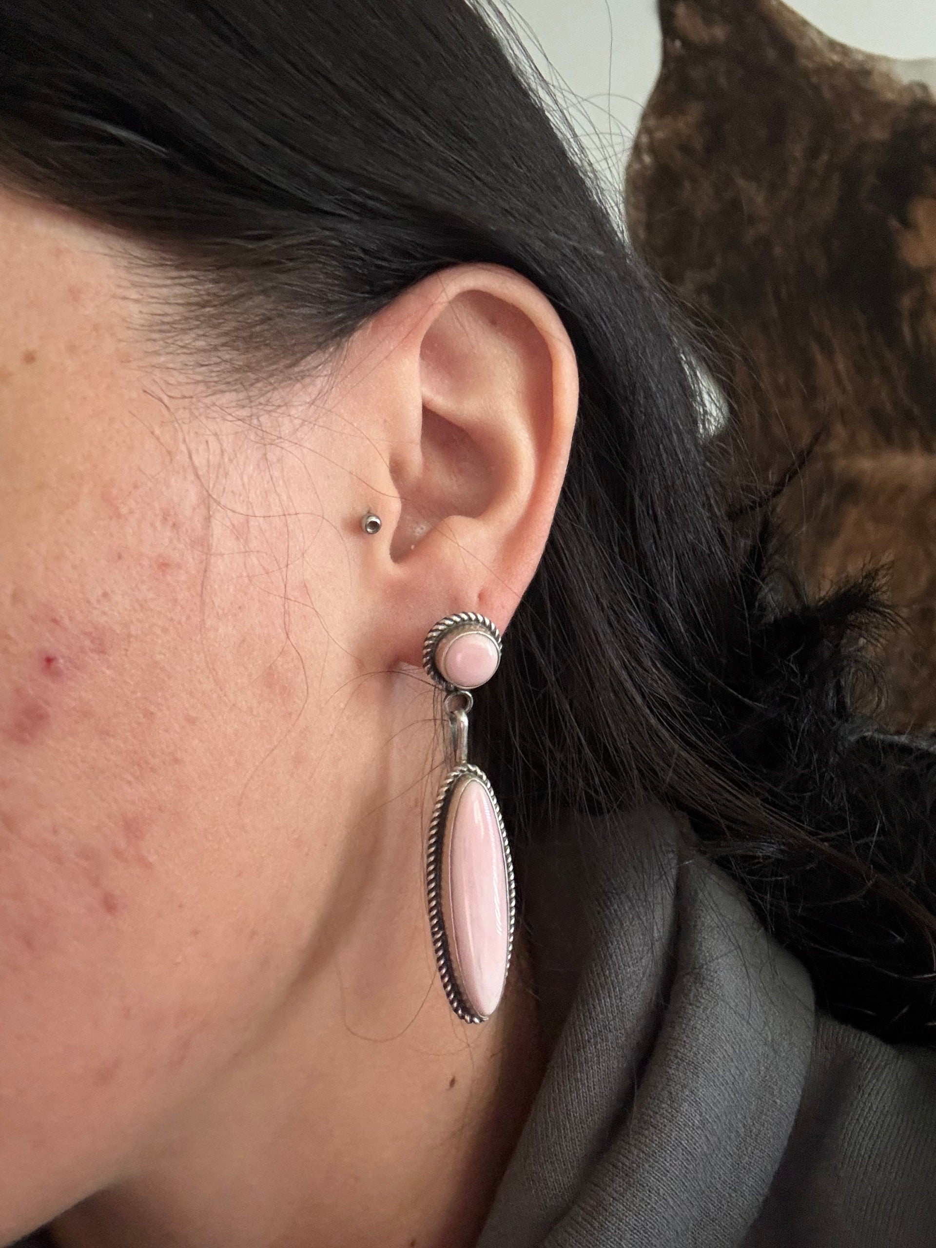 Judith Dixon Pink Conch & Sterling Silver Post Dangle Earrings