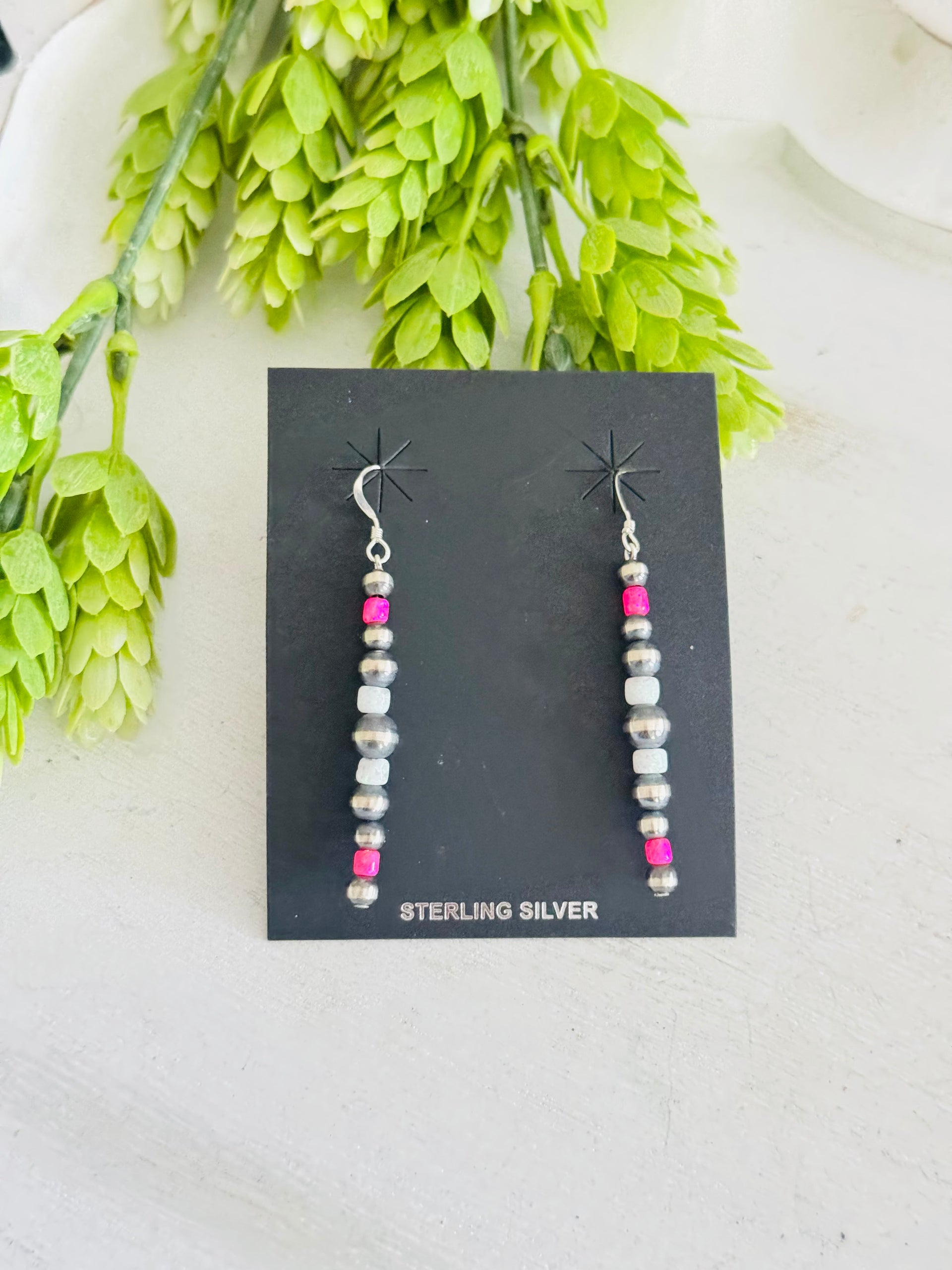 Navajo Strung Opal (Man Made) & Sterling Silver Graduated Pearl Dangle Earrings