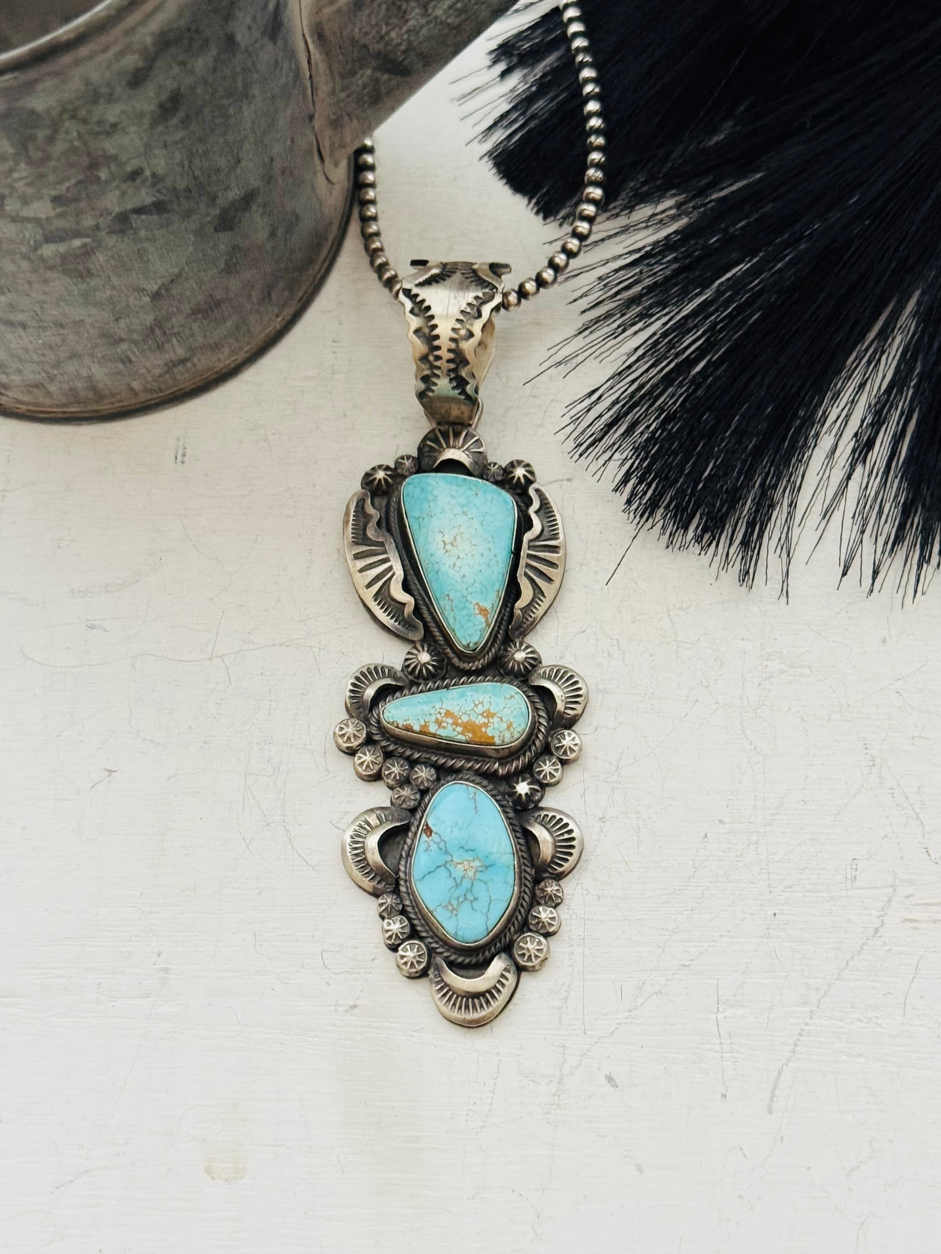 Gilbert Tom High Grade #8 Turquoise & Sterling Silver Pendant