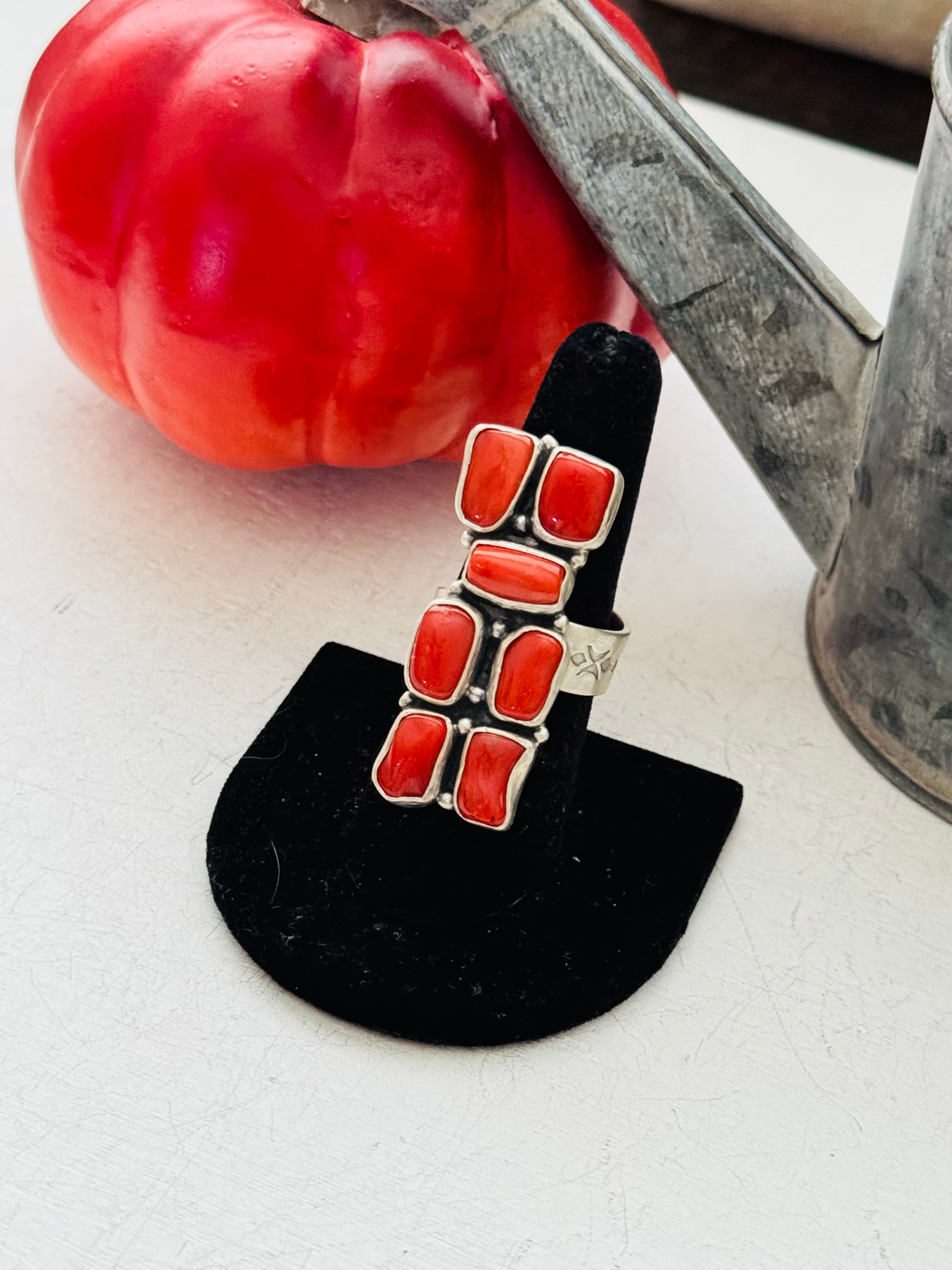 Navajo Made Red Coral & Sterling Silver Adjustable Ring