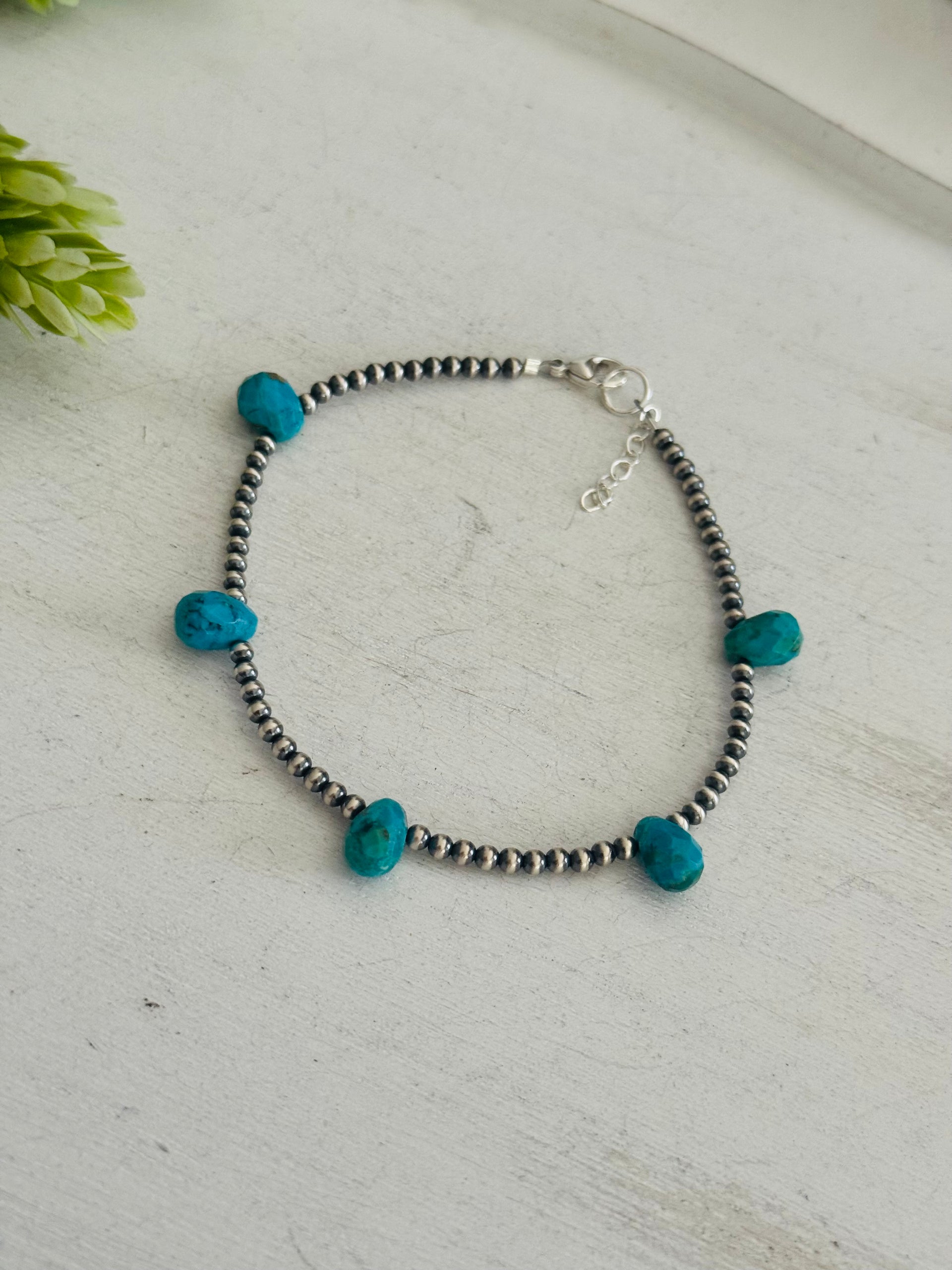 Southwest Strung Mohave Turquoise & Sterling Silver Beaded Anklet