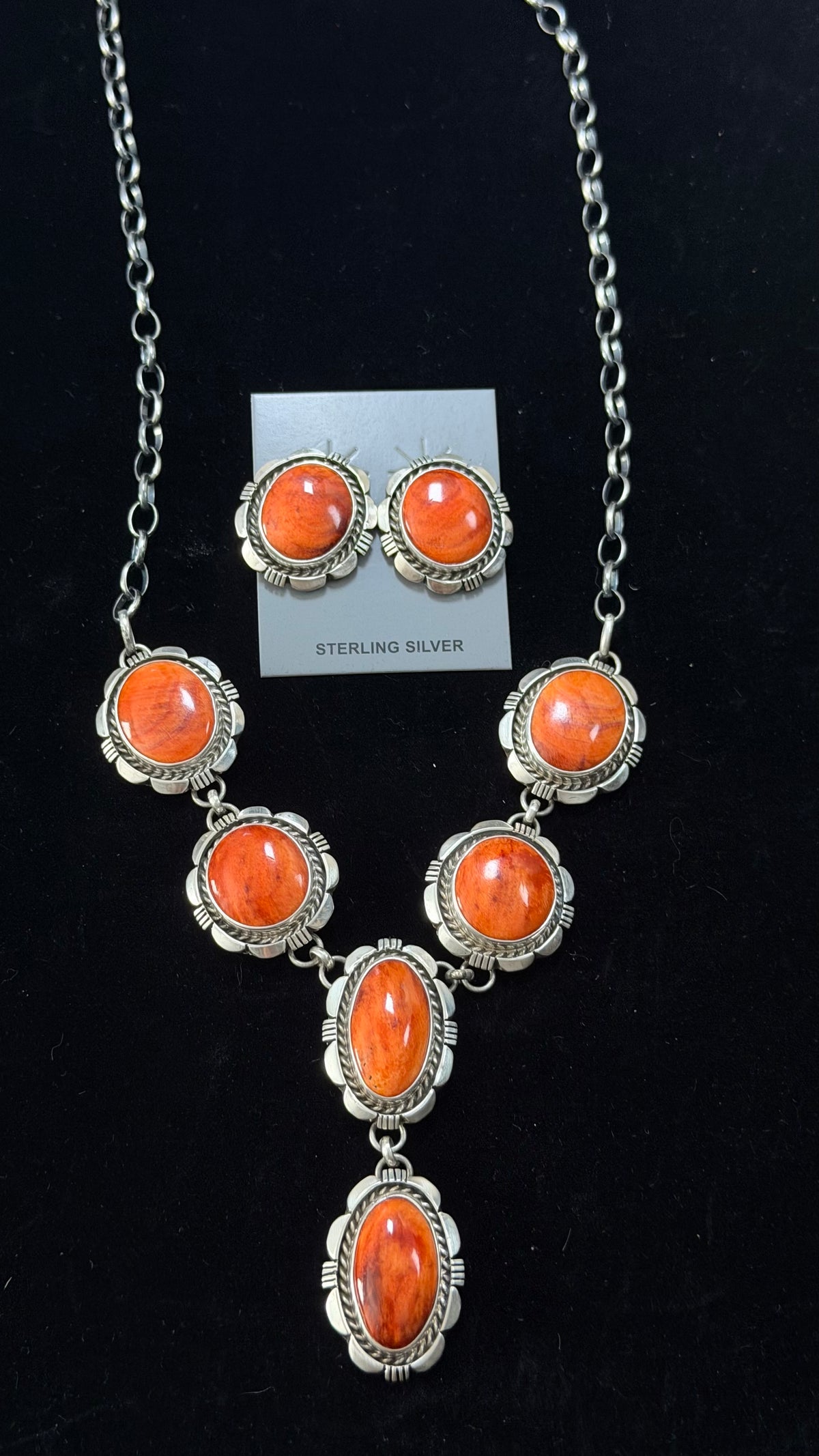 Larry Kaye Spiny Oyster and Sterling Silver Lariat Necklace Set