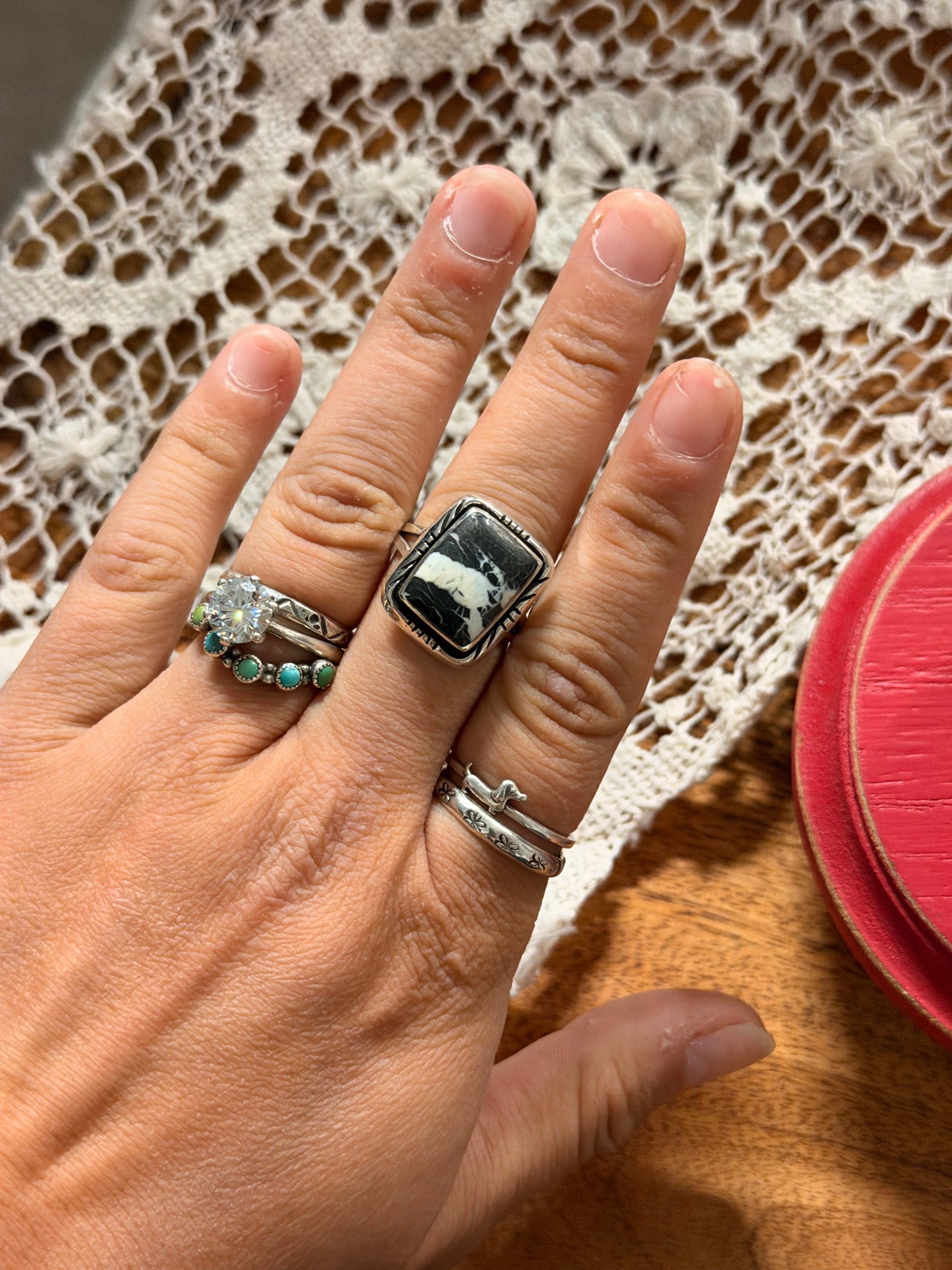 Navajo Made White Buffalo & Sterling Silver Ring Size 8