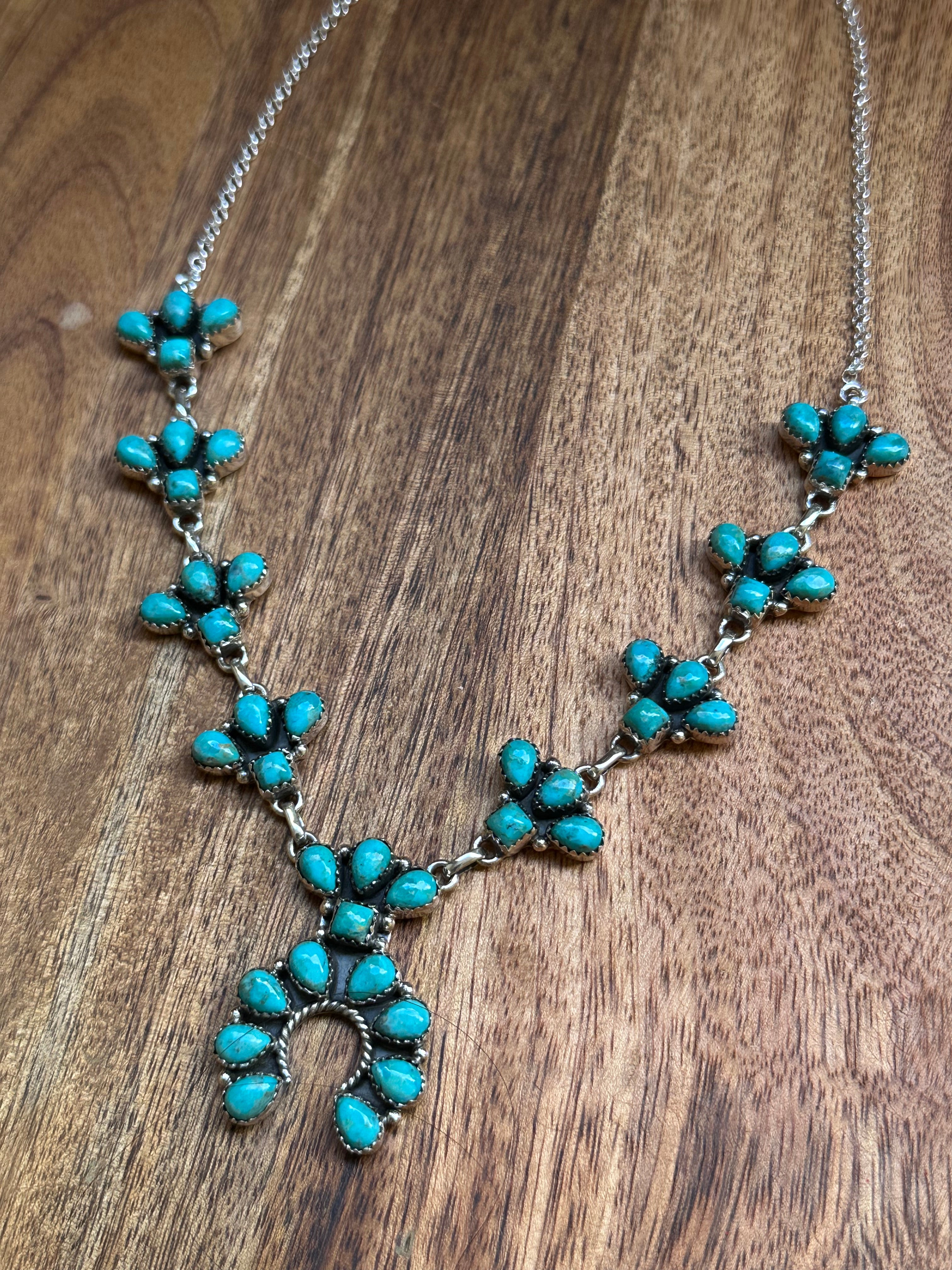 Southwest Handmade Kingman Turquoise & Sterling Silver Cluster Necklace