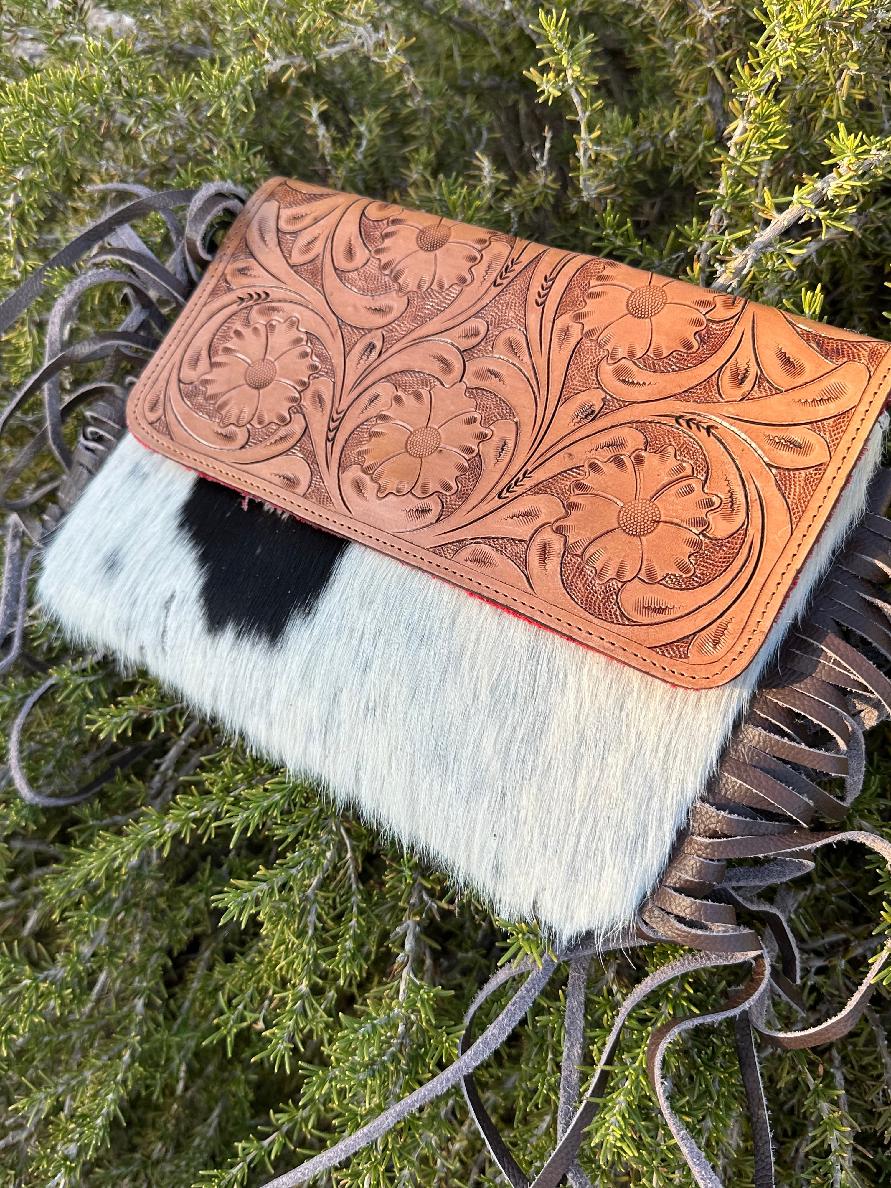 Genuine Tooled Leather & Cowhide Fringe Purse