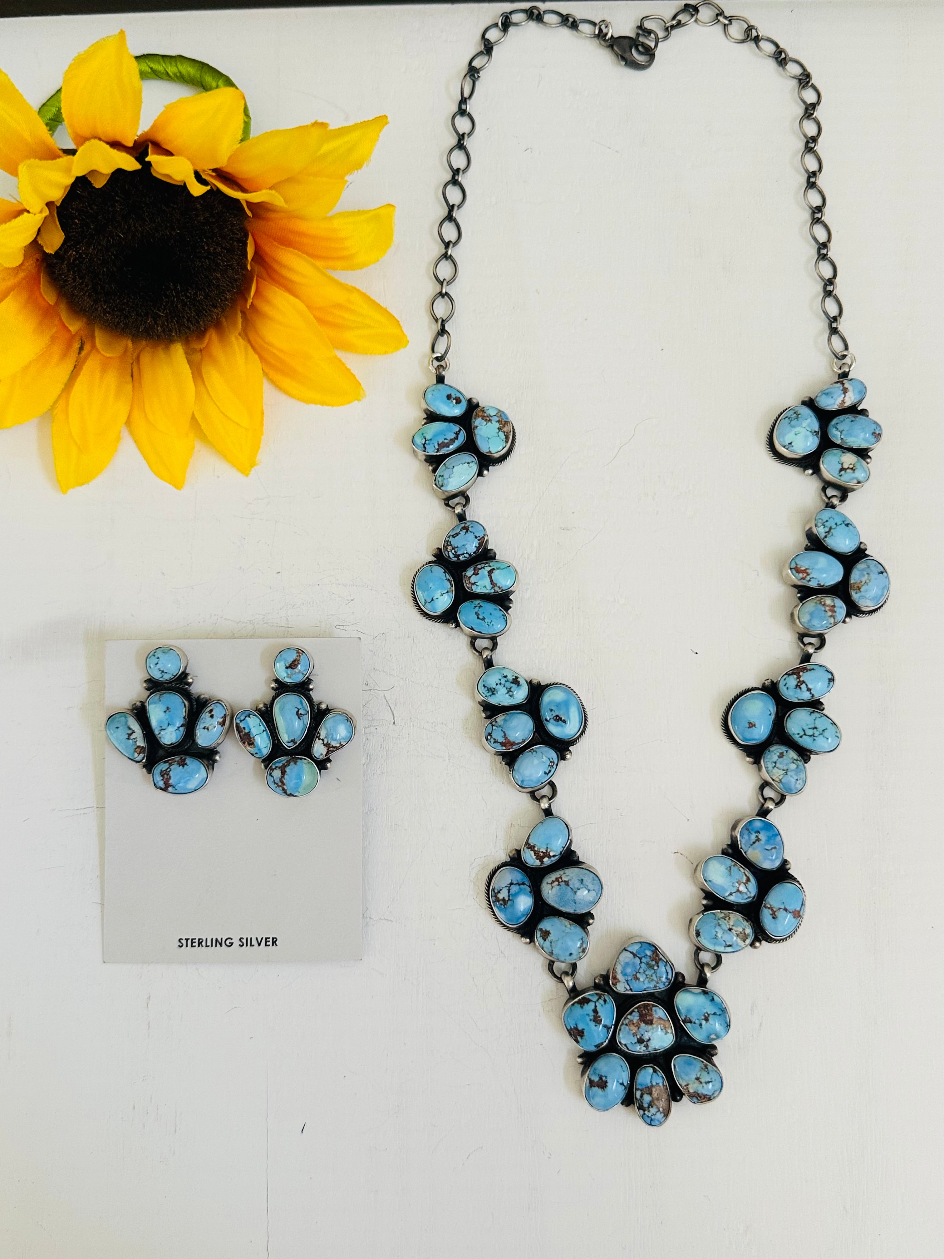 Navajo Made Golden Hills Turquoise & Sterling Silver Cluster Necklace Set