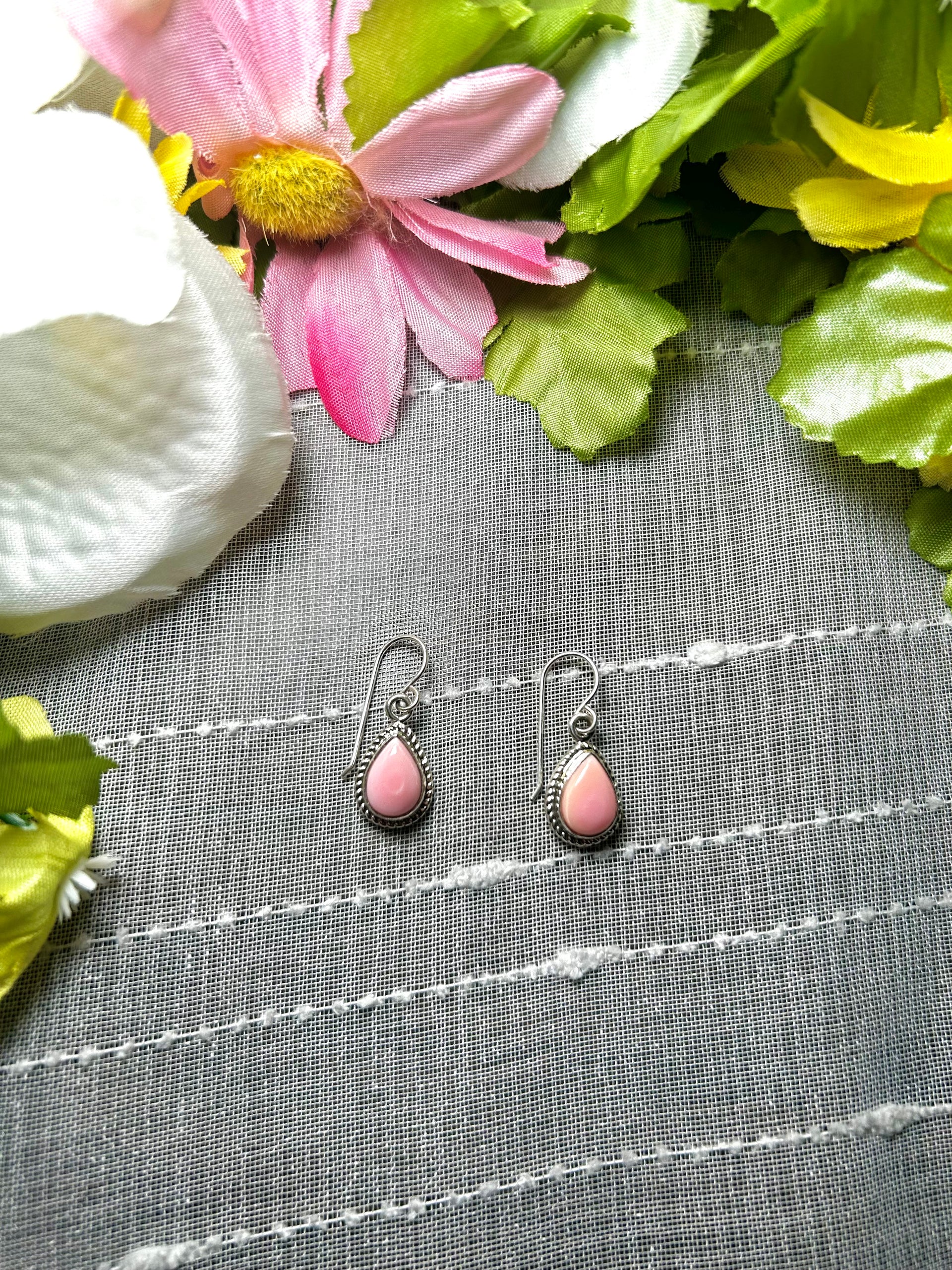 Navajo Made Pink Conch & Sterling Silver Dangle Earrings