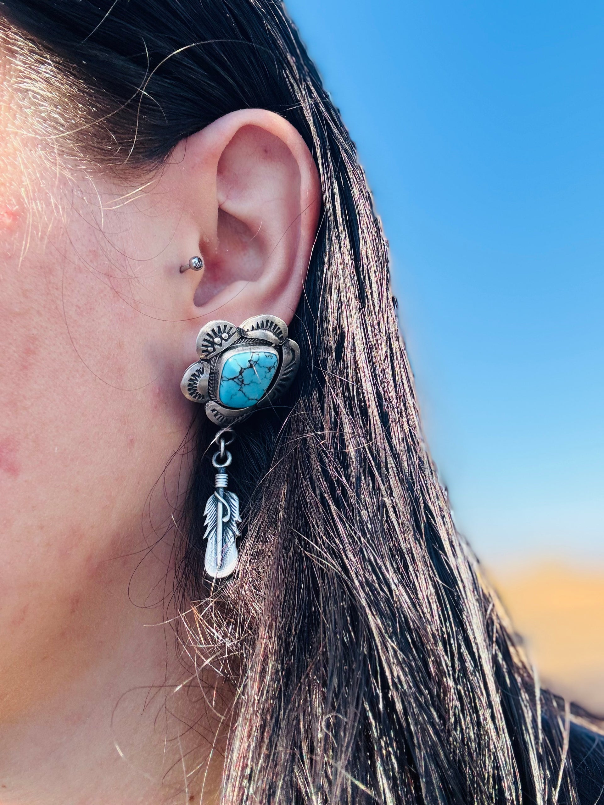 Navajo Made Egyptian Turquoise & Sterling Silver Post Dangle Earrings