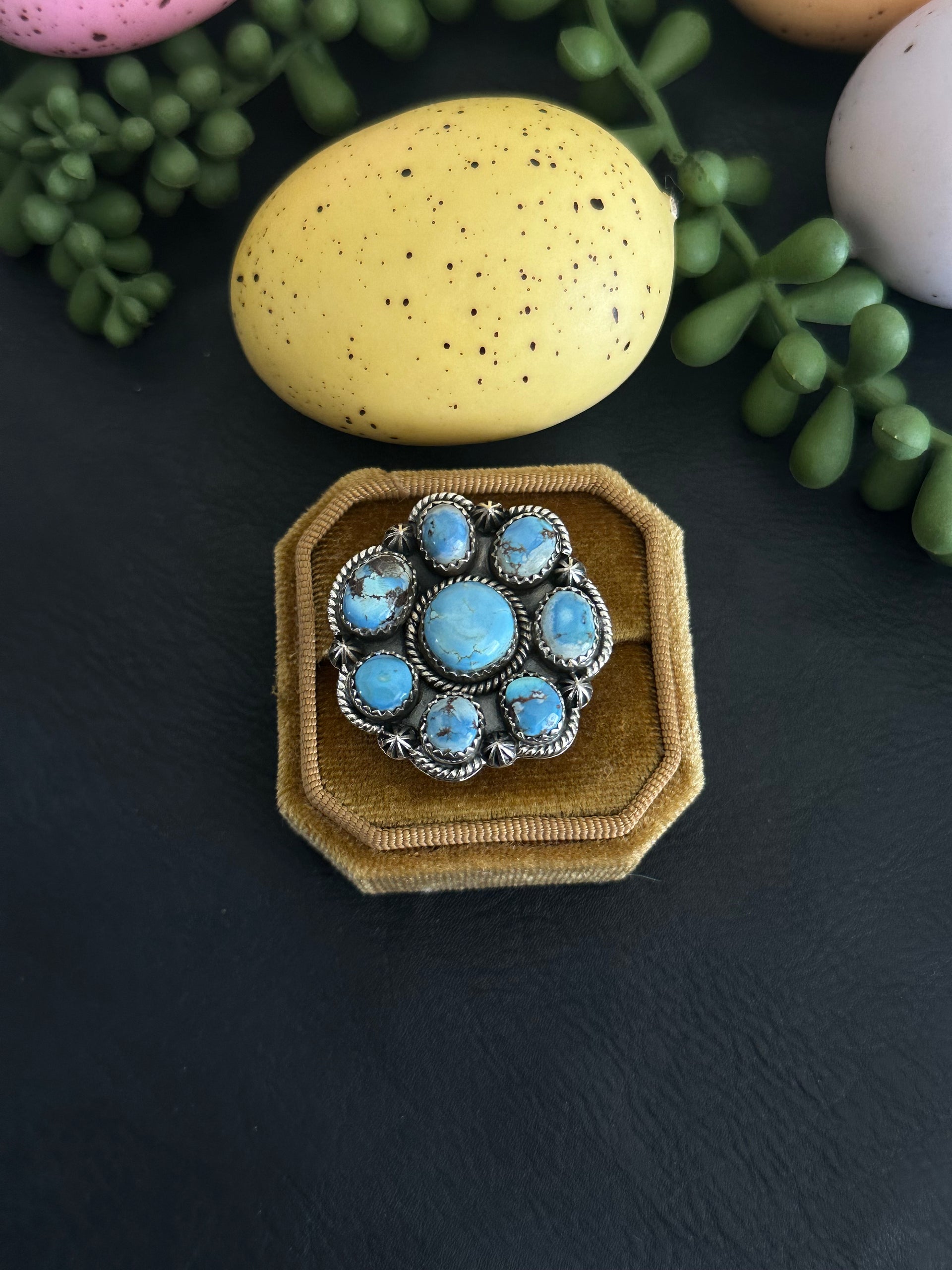 Southwest Handmade Golden Hills Turquoise & Sterling Silver Adjustable Cluster Ring