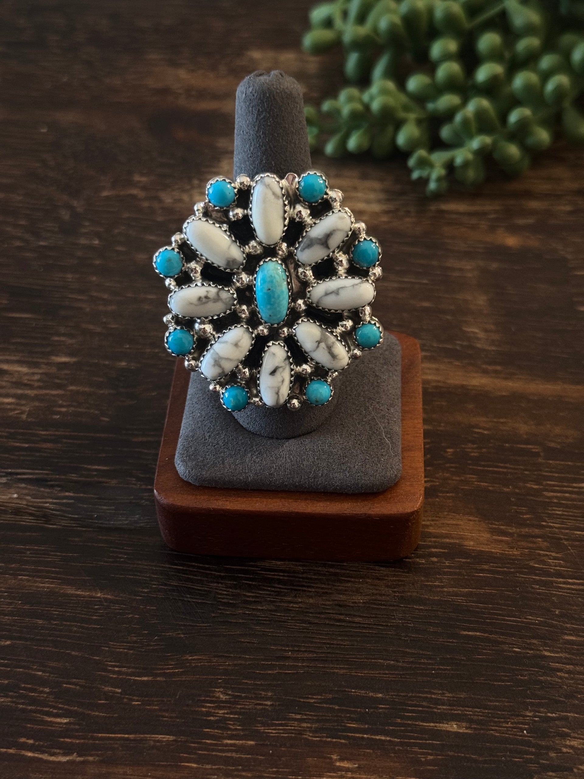 Navajo Made Multi Stone & Sterling Silver Adjustable Cluster Ring